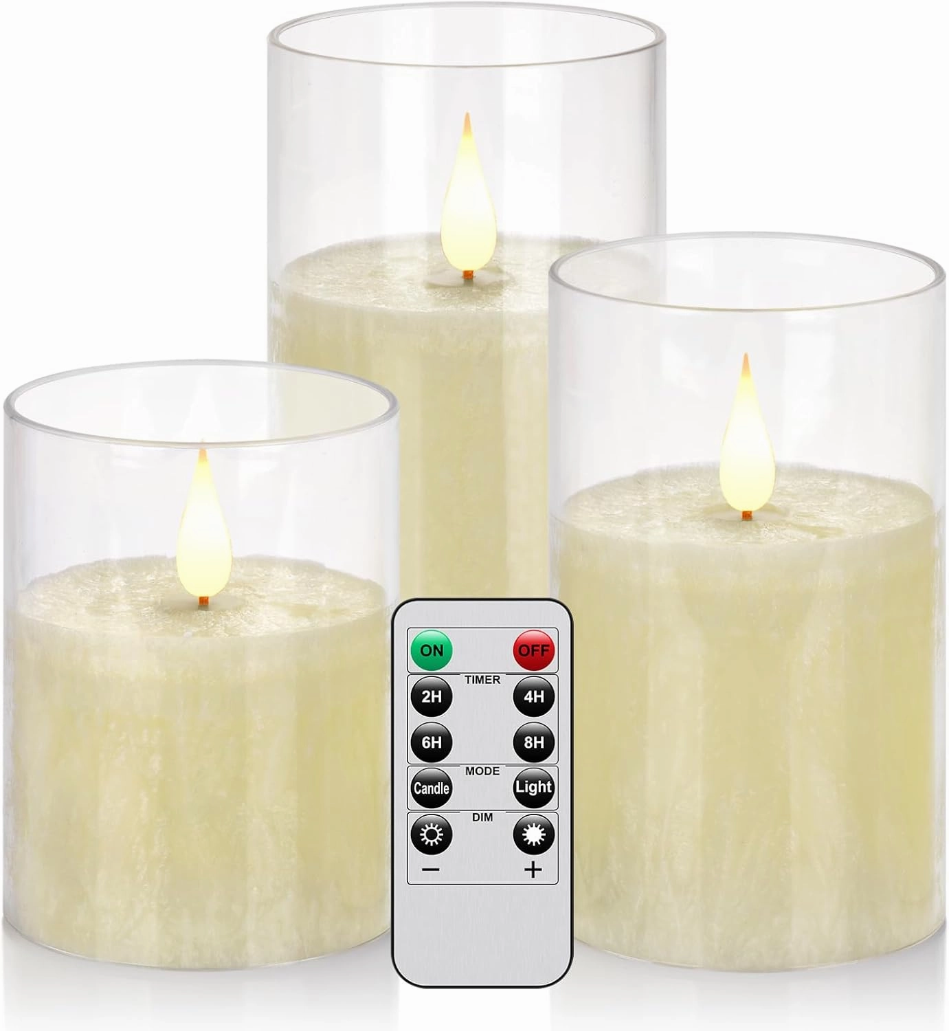 Glass Flameless Battery Operated Flickering Candles:3PACK Real Wax Pillar Candle,Electric LED Candle with 10-Key Remote Control and 24 Hours Timer for Home Decoration Holiday Party (‎Ivory)