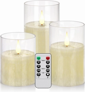 Glass Flameless Battery Operated Flickering Candles:3PACK Real Wax Pillar Candle,Electric LED Candle with 10-Key Remote Control and 24 Hours Timer for Home Decoration Holiday Party (‎Ivory)