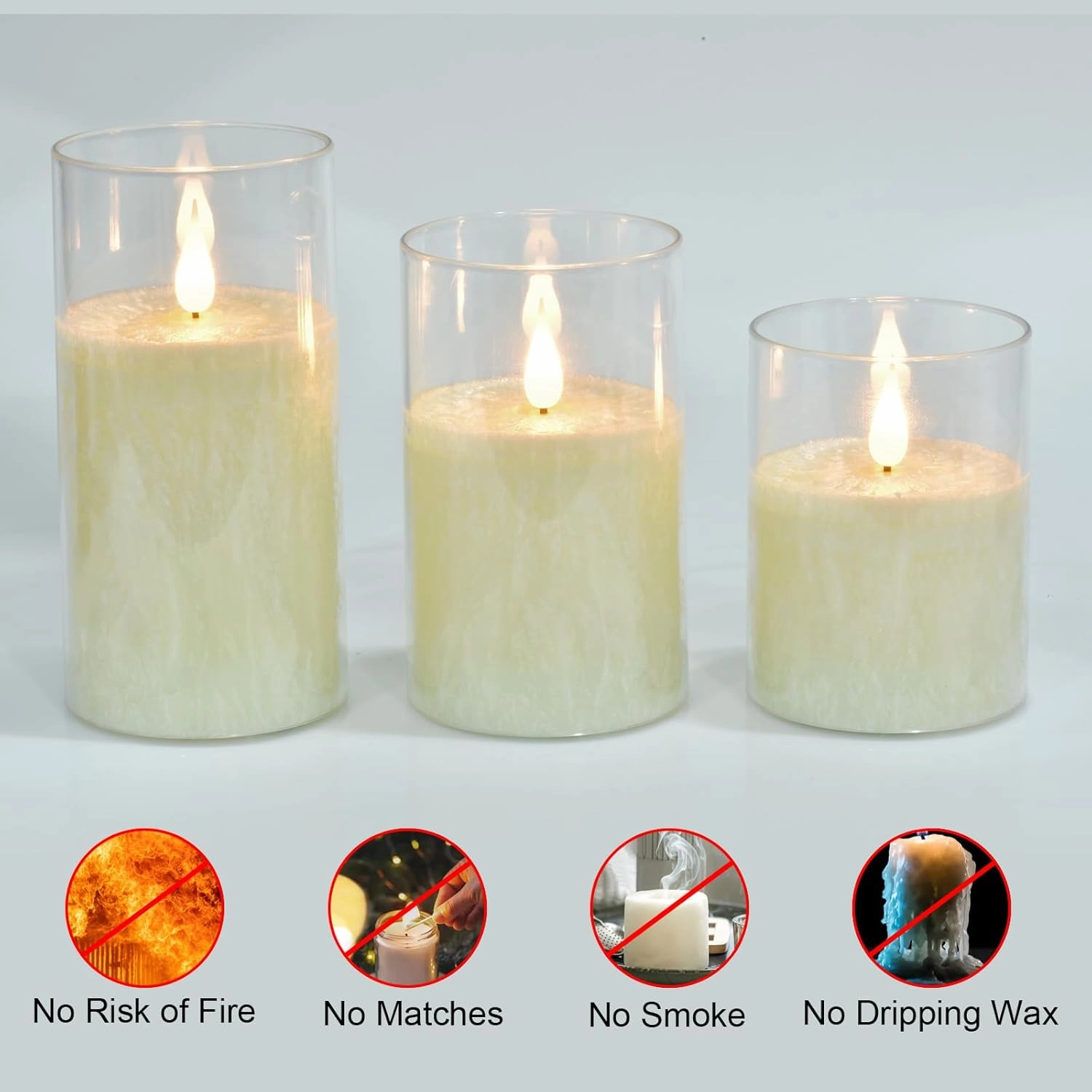 Glass Flameless Battery Operated Flickering Candles:3PACK Real Wax Pillar Candle,Electric LED Candle with 10-Key Remote Control and 24 Hours Timer for Home Decoration Holiday Party (‎Ivory)