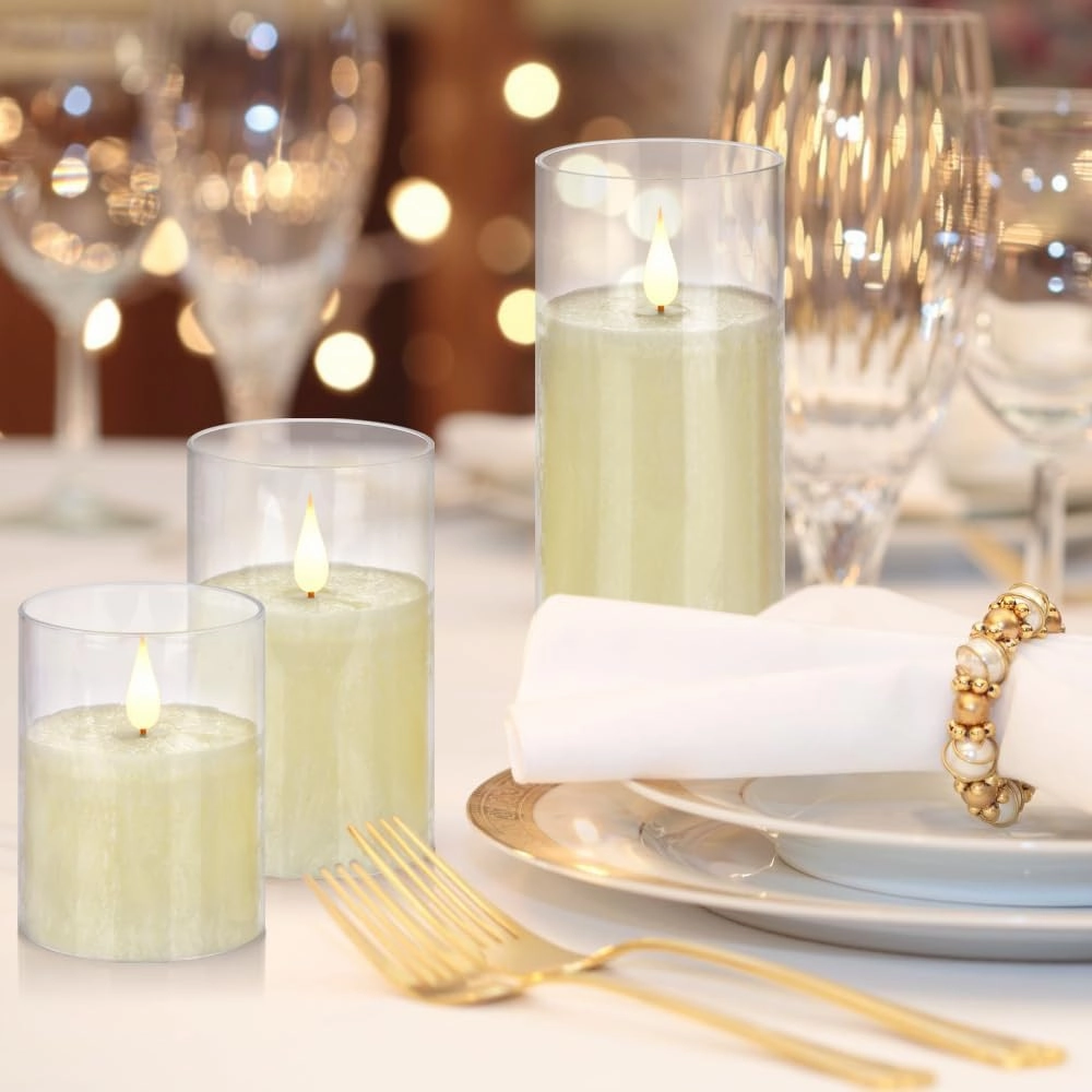 Glass Flameless Battery Operated Flickering Candles:3PACK Real Wax Pillar Candle,Electric LED Candle with 10-Key Remote Control and 24 Hours Timer for Home Decoration Holiday Party (‎Ivory)
