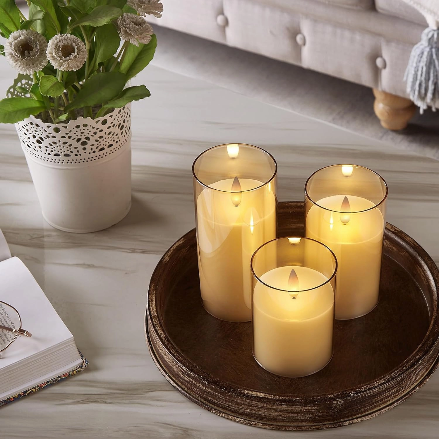 Glass Wax Flameless Pillar Candles Flickering with Remote Timer, 3D Moving Flame Battery led Candles, Set of 3, 3 x H4, 5, 6 Inches,Remote Included (Champagne).