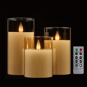 Glass Wax Flameless Pillar Candles Flickering with Remote Timer, 3D Moving Flame Battery led Candles, Set of 3, 3 x H4, 5, 6 Inches,Remote Included (Champagne).
