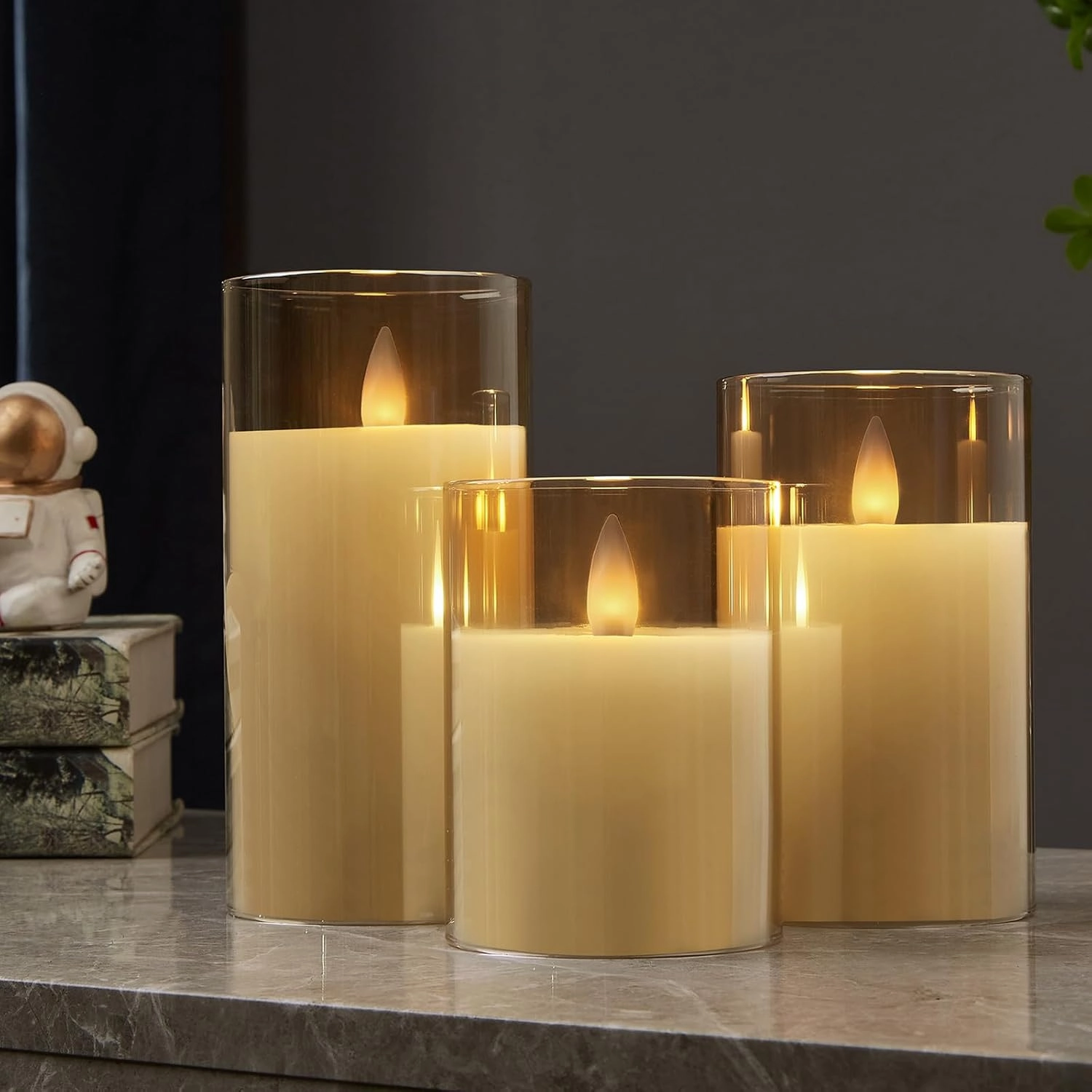 Glass Wax Flameless Pillar Candles Flickering with Remote Timer, 3D Moving Flame Battery led Candles, Set of 3, 3 x H4, 5, 6 Inches,Remote Included (Champagne).