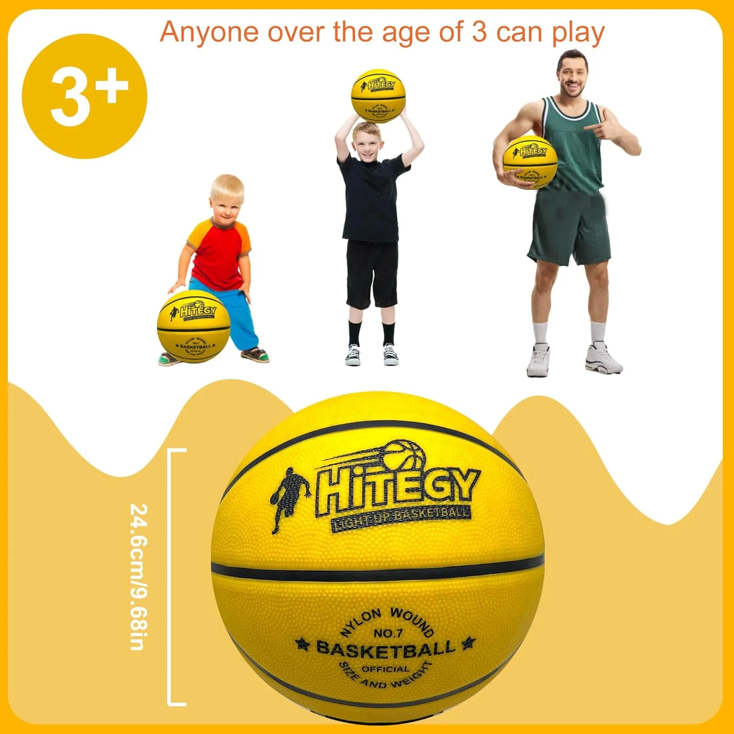 Glow in The Dark Basketball - Water-Resistant, Size 7, Impact Activated, Includes Pump, Manual, Pre-Installed Batteries & 10 Extra Batteries - Light Up Basketball - Yellow