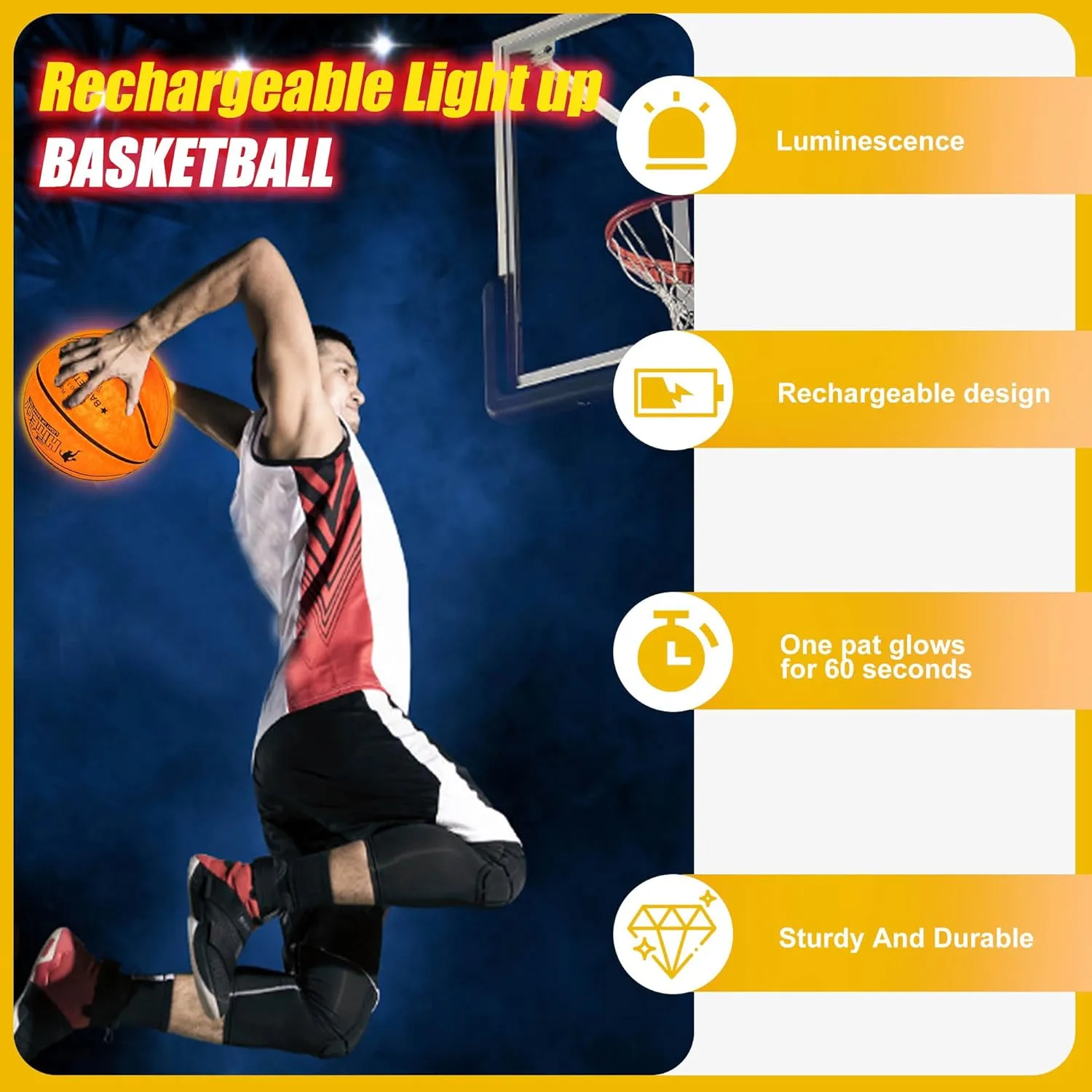 Glow in The Dark Basketball - Water-Resistant, Size 7, Impact Activated, Includes Pump, Manual, Pre-Installed Batteries & 10 Extra Batteries - Light Up Basketball - Yellow