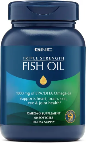 GNC Triple Strength Fish Oil Omega 3 Supplement, 1000mg EPA and DHA, Supports Heart, Brain, Skin, Eye and Joint Health, 60 Softgels