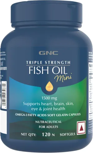 GNC Triple Strength Fish Oil Omega 3 Supplement, 1000mg EPA and DHA, Supports Heart, Brain, Skin, Eye and Joint Health, Burpless, Ultra Concentrated, High Potency, Wild Caught, 120 Softgels