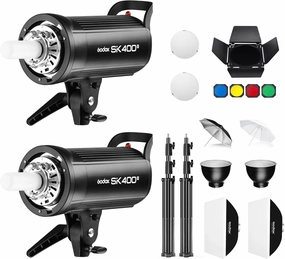 Godox 2* SK400ii 800Ws Studio Strobe Flash Lighting Kit:2 Pack SK400II Monolight with Bowens Mount for Photography and Studio Video Shooting with Light Stand,Softbox,Umbrella,Reflector,Barn Door...
