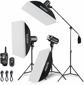 Godox 750W Professional Studio Strobe Flash Light Kit, 3-Light Godox Strobe Lighting Kit for Photography, 3x250W 5600K Monolights with Strobe Trigger, Softbox, Light Stands, Boom Arm