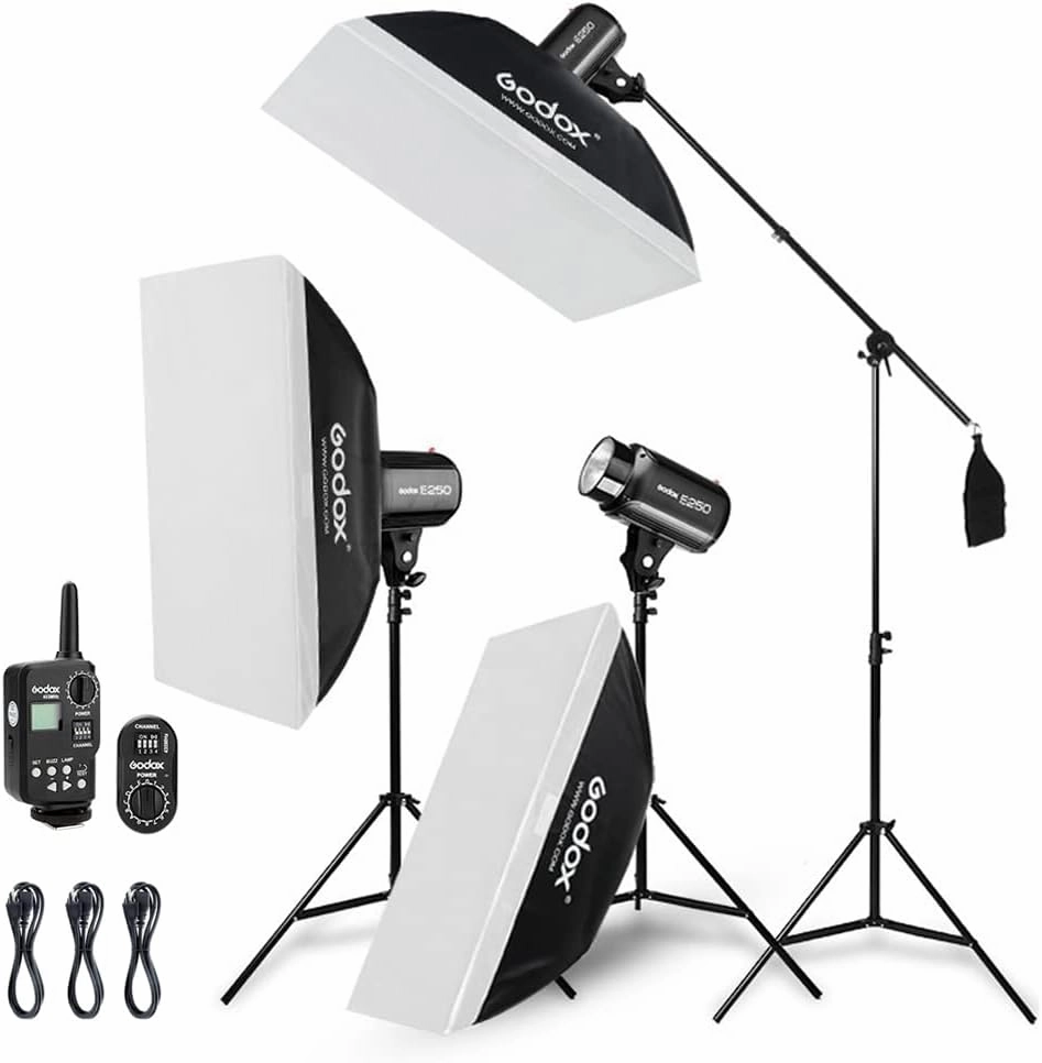 Godox 750W Professional Studio Strobe Flash Light Kit, 3-Light Godox Strobe Lighting Kit for Photography, 3x250W 5600K Monolights with Strobe Trigger, Softbox, Light Stands, Boom Arm