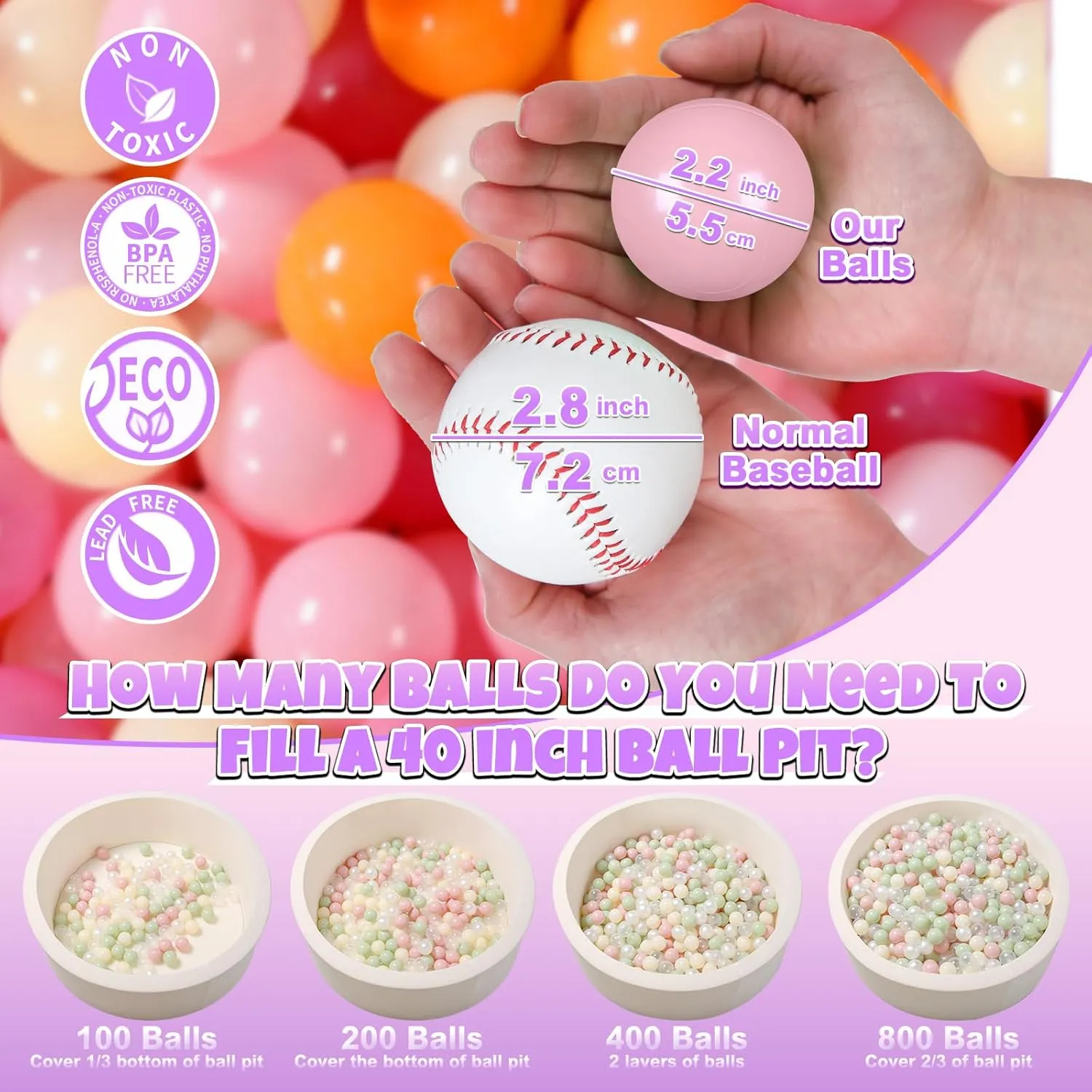 GOGOSO Ball Pit Balls for Toddler, Baby Plastic Playballs Kids Soft Pastel Pelotas Non-Toxic BPA-Free 3pink Orange Yellow, 100 Balls