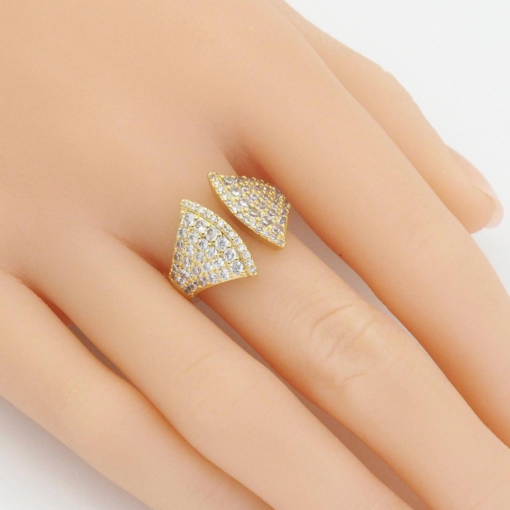 Gold Silver CZ Fan Shape Adjustable Ring, Sku#B370