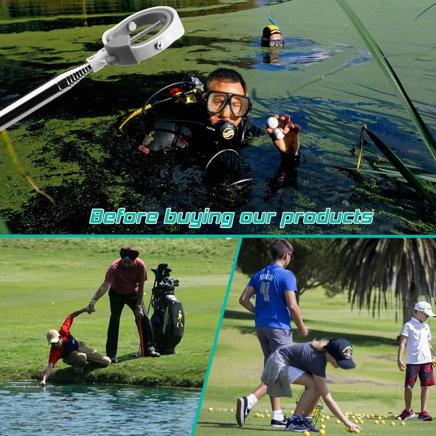 Golf Ball Retriever, Golf Ball Retrievers Telescopic for Water with Spring Release-Ready Head, Balls Retriever Tool Golf with Locking Clip, Grabber Tool, Golf Accessories Golf Gift for Men