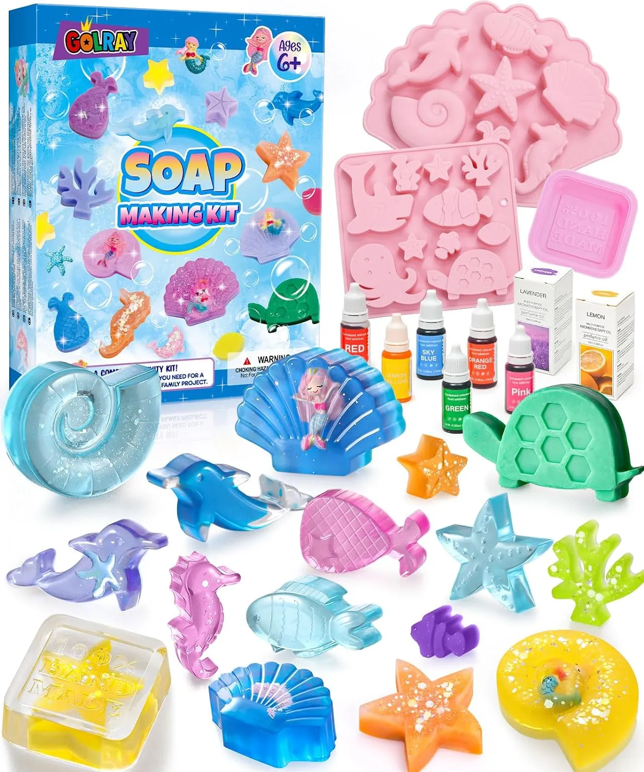Golray Mermaid Soap Making Craft Kit Kids Toy, 18 Model, 6 Ink, 2 Essential Oil Supply, Art and Craft for Kid Girl Age 8-12 Year Old Ocean Animal Toy Birthday Gift, DIY Science Kits (Create 16 pcs)