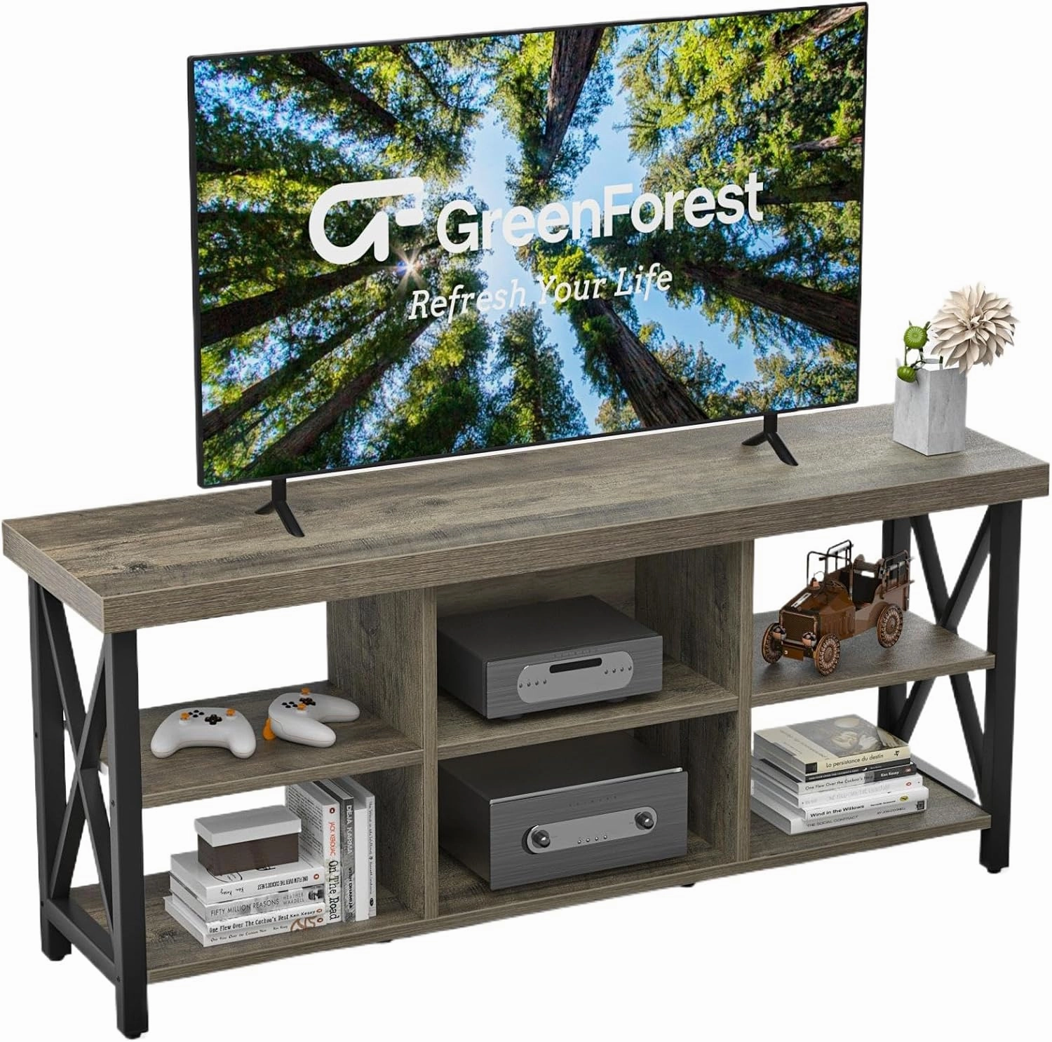 GreenForest TV Stand for TV up to 65 inches, Entertainment Center with 6 Storage Cabinet for Living Room, 55 inch Farmhouse Television Stands Console Table, Industrial TV Stands for Living Room, Gray