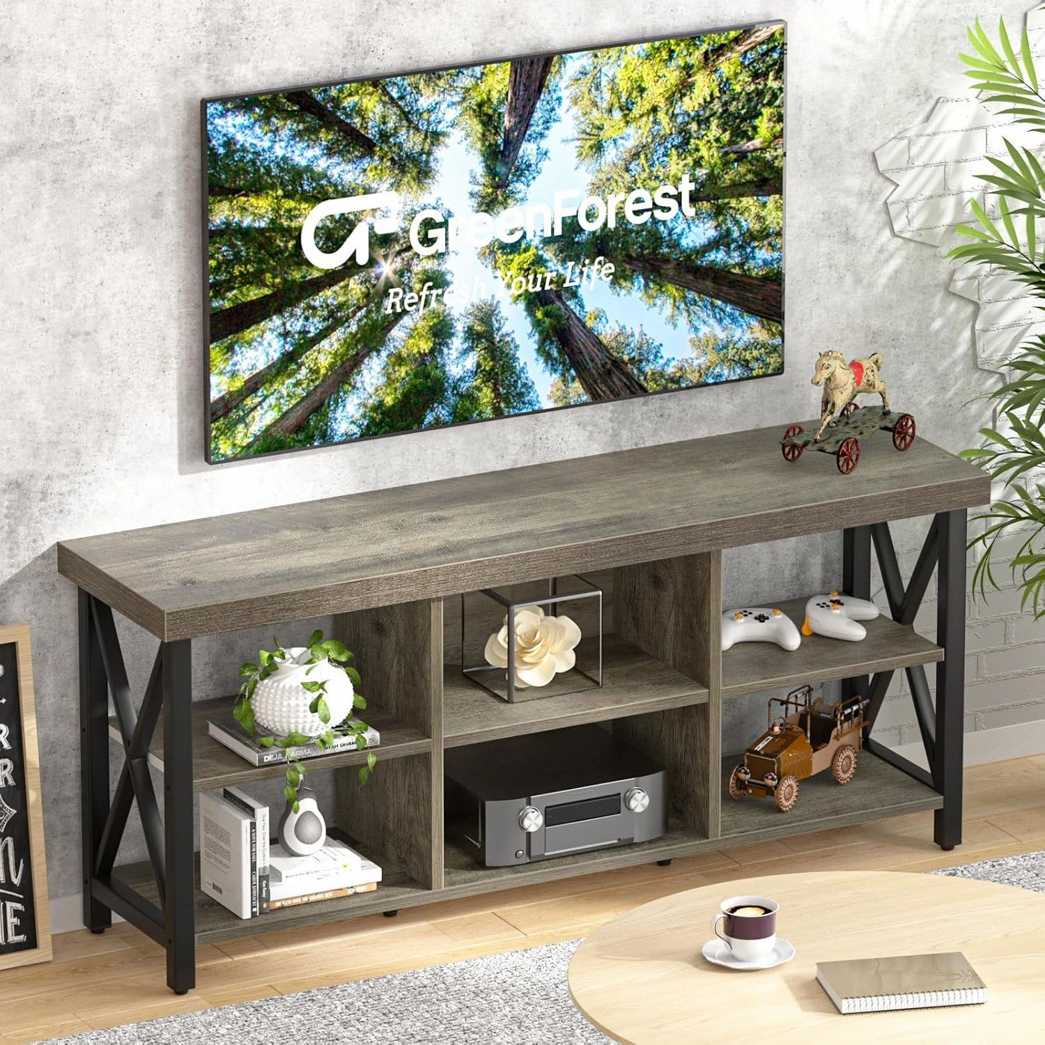 GreenForest TV Stand for TV up to 65 inches, Entertainment Center with 6 Storage Cabinet for Living Room, 55 inch Farmhouse Television Stands Console Table, Industrial TV Stands for Living Room, Gray