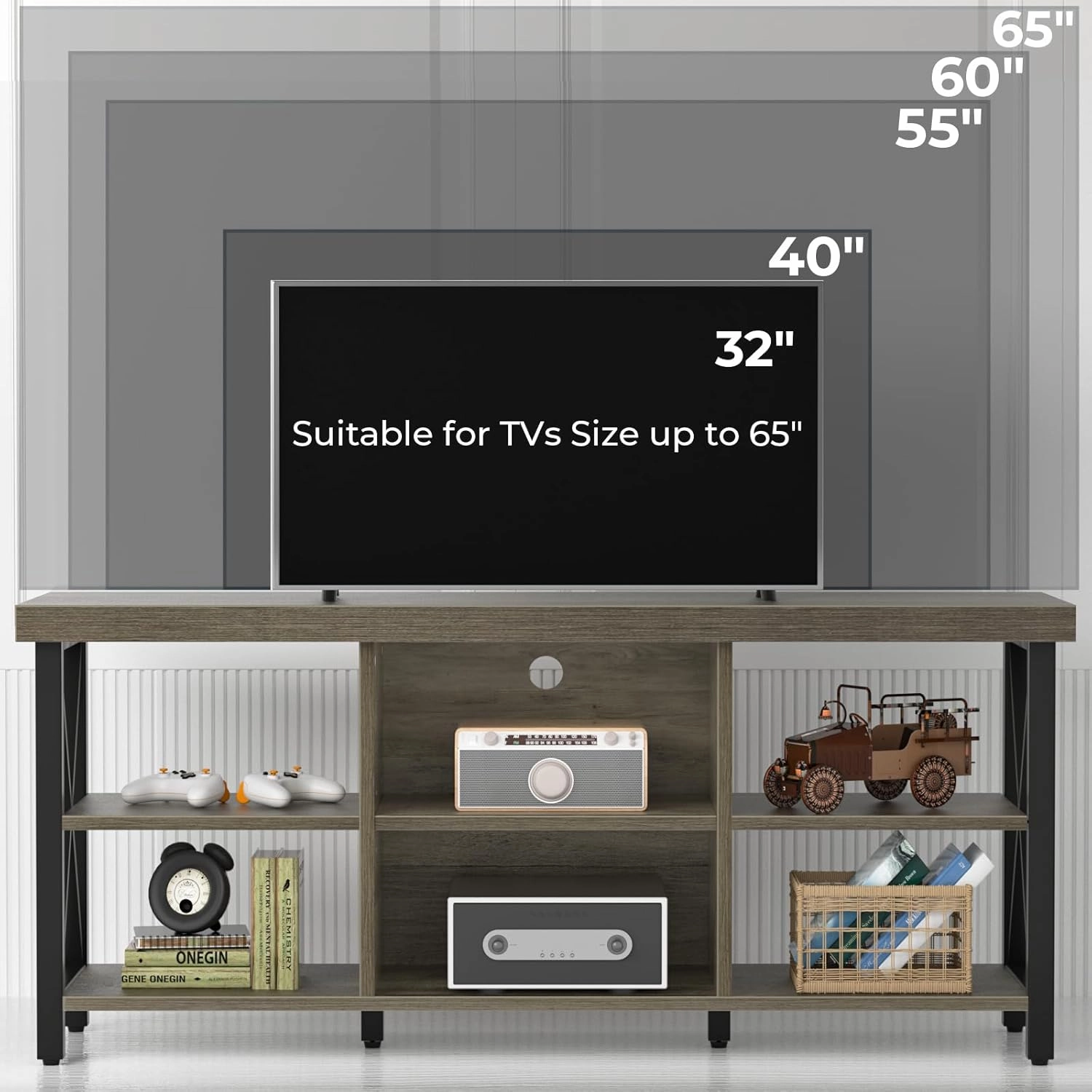 GreenForest TV Stand for TV up to 65 inches, Entertainment Center with 6 Storage Cabinet for Living Room, 55 inch Farmhouse Television Stands Console Table, Industrial TV Stands for Living Room, Gray