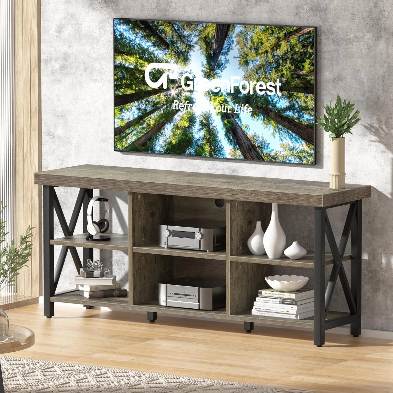 GreenForest TV Stand for TV up to 65 inches, Entertainment Center with 6 Storage Cabinet for Living Room, 55 inch Farmhouse Television Stands Console Table, Industrial TV Stands for Living Room, Gray