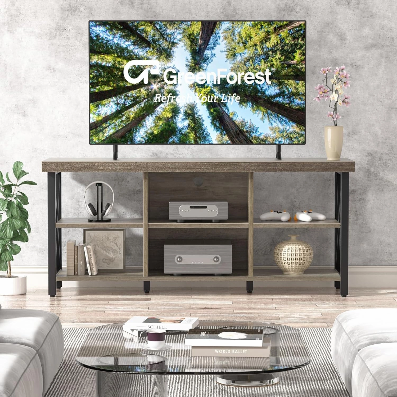 GreenForest TV Stand for TV up to 65 inches, Entertainment Center with 6 Storage Cabinet for Living Room, 55 inch Farmhouse Television Stands Console Table, Industrial TV Stands for Living Room, Gray