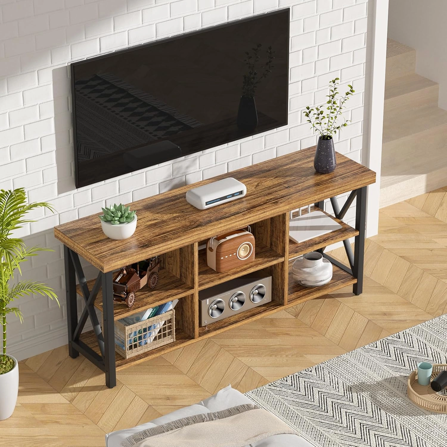 GreenForest TV Stand for TV up to 65 inches, Entertainment Center with 6 Storage Cabinet for Living Room, 55 inch Farmhouse Television Stands Console Table, TV Stands for Living Room, Walnut