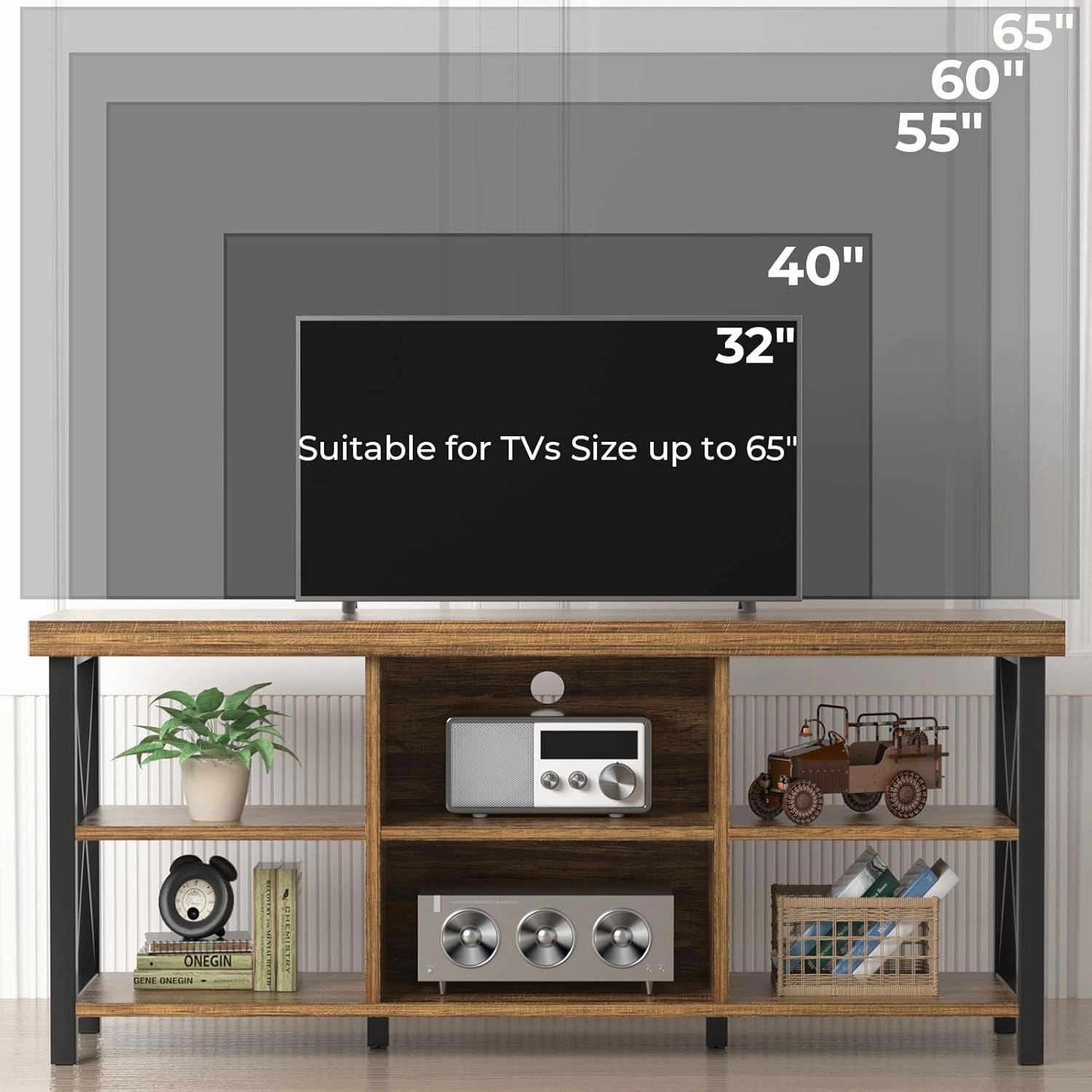 GreenForest TV Stand for TV up to 65 inches, Entertainment Center with 6 Storage Cabinet for Living Room, 55 inch Farmhouse Television Stands Console Table, TV Stands for Living Room, Walnut