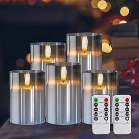 Grey Acrylic Flameless Candles, 5 Pack Plexiglass Pillar Candle Set, Warm White Light Electric Candles Battery Operated with 2 Remote and Timer for Valentines, Christmas, Bars and Hotel Decoration