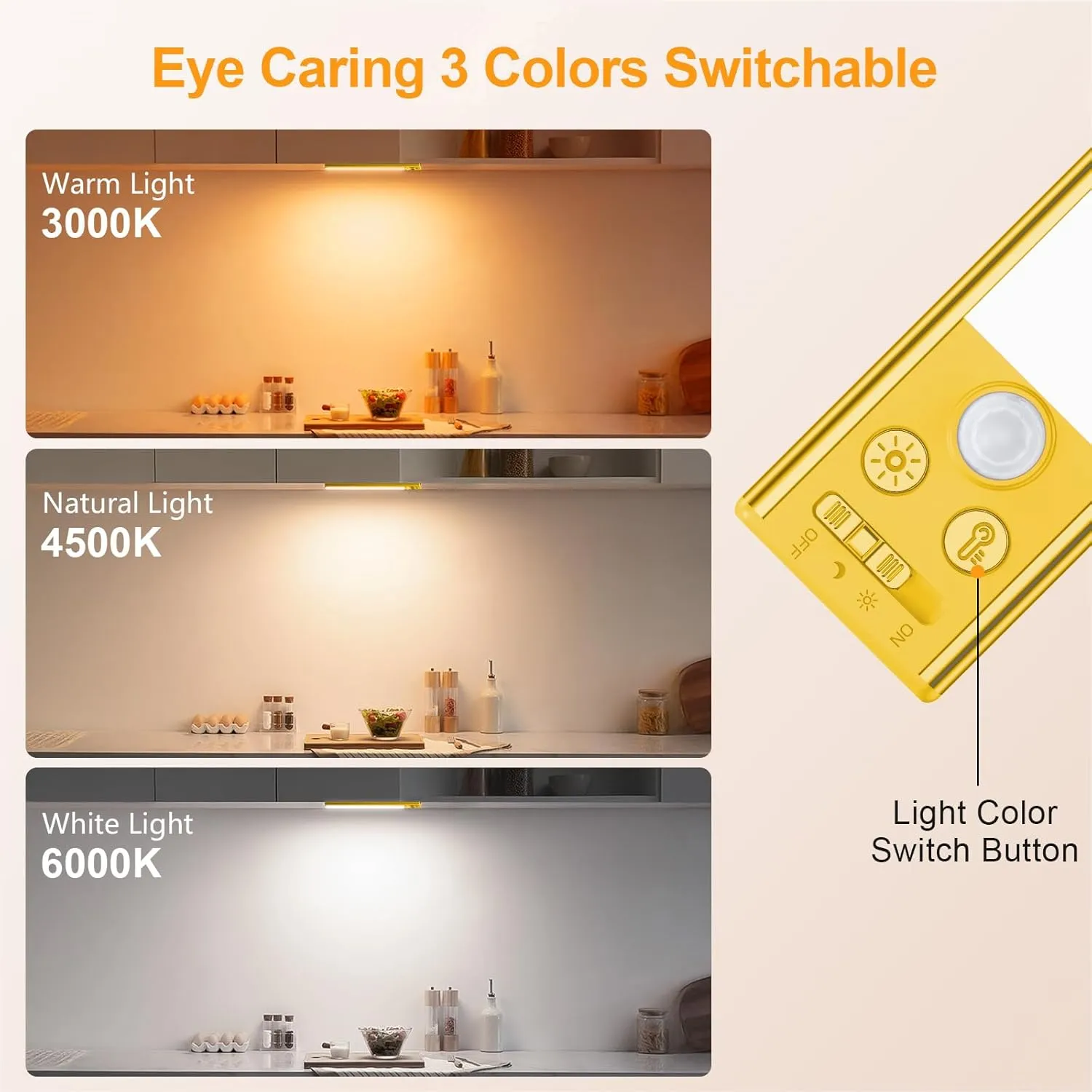 Gritin 10.2inch Under Cabinet Lighting Rechargeable -84 LED Super Bright,3-Color& 5 Level Brightness,4 Modes,Motion Sensor, Long Lasting- Easy Installation Magnetic Closet Lights -2 Pack-Yellow
