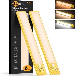 Gritin 10.2inch Under Cabinet Lighting Rechargeable -84 LED Super Bright,3-Color& 5 Level Brightness,4 Modes,Motion Sensor, Long Lasting- Easy Installation Magnetic Closet Lights -2 Pack-Yellow