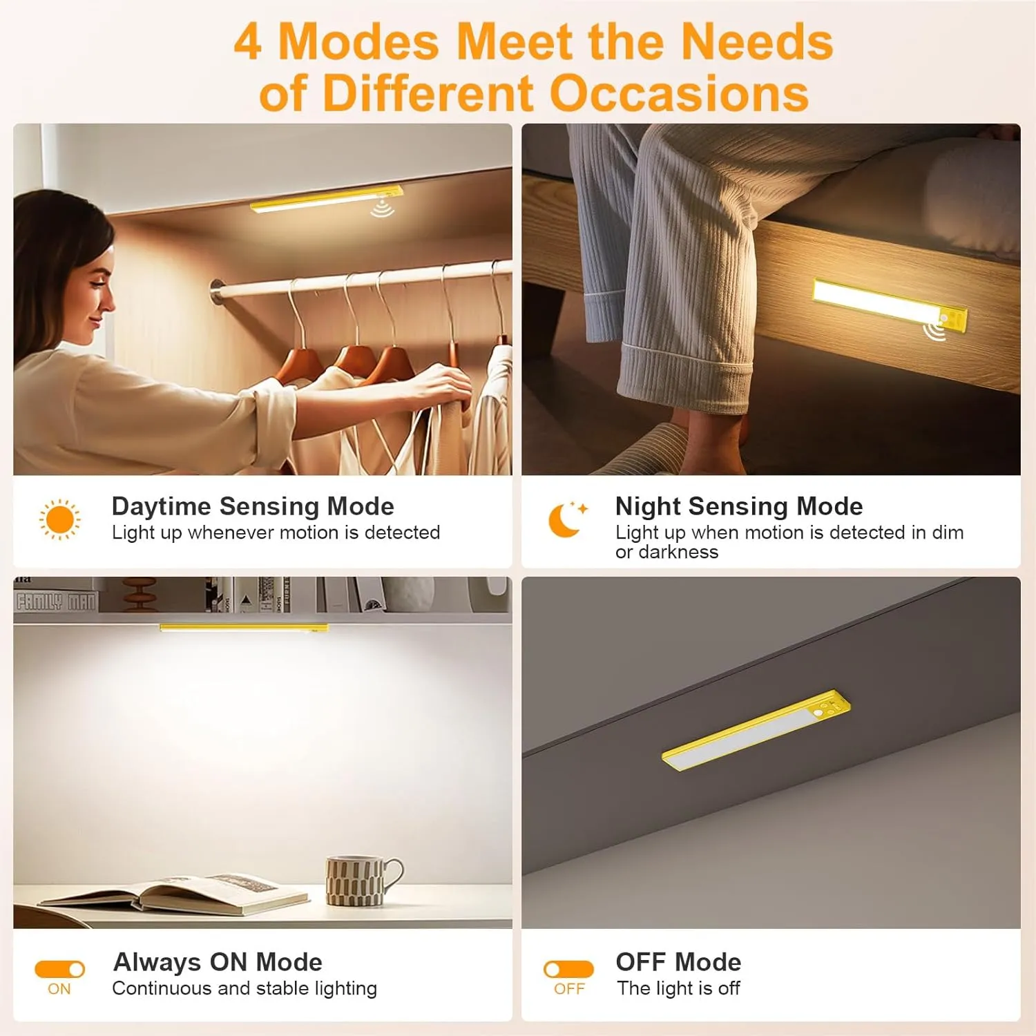 Gritin 10.2inch Under Cabinet Lighting Rechargeable -84 LED Super Bright,3-Color& 5 Level Brightness,4 Modes,Motion Sensor, Long Lasting- Easy Installation Magnetic Closet Lights -2 Pack-Yellow