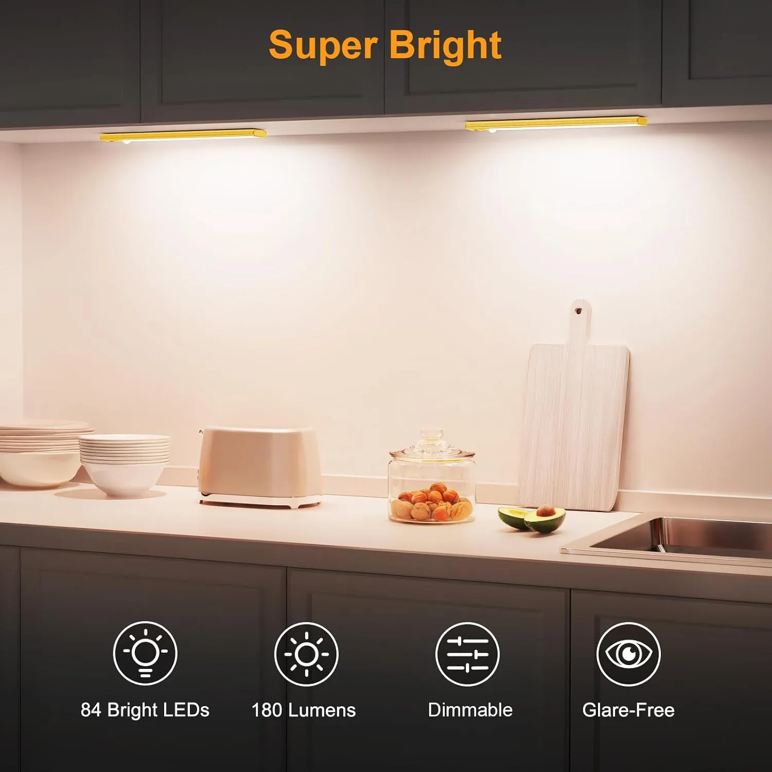 Gritin Under Cabinet Lighting- 84 LED Super Bright,3-Color & 5-Brightness,4 Modes,Motion Sensor, Rechargeable 1800mAh Long Lasting-Easy Installation Magnetic Under Cabinet Closet Lights -2 Pack-Yellow