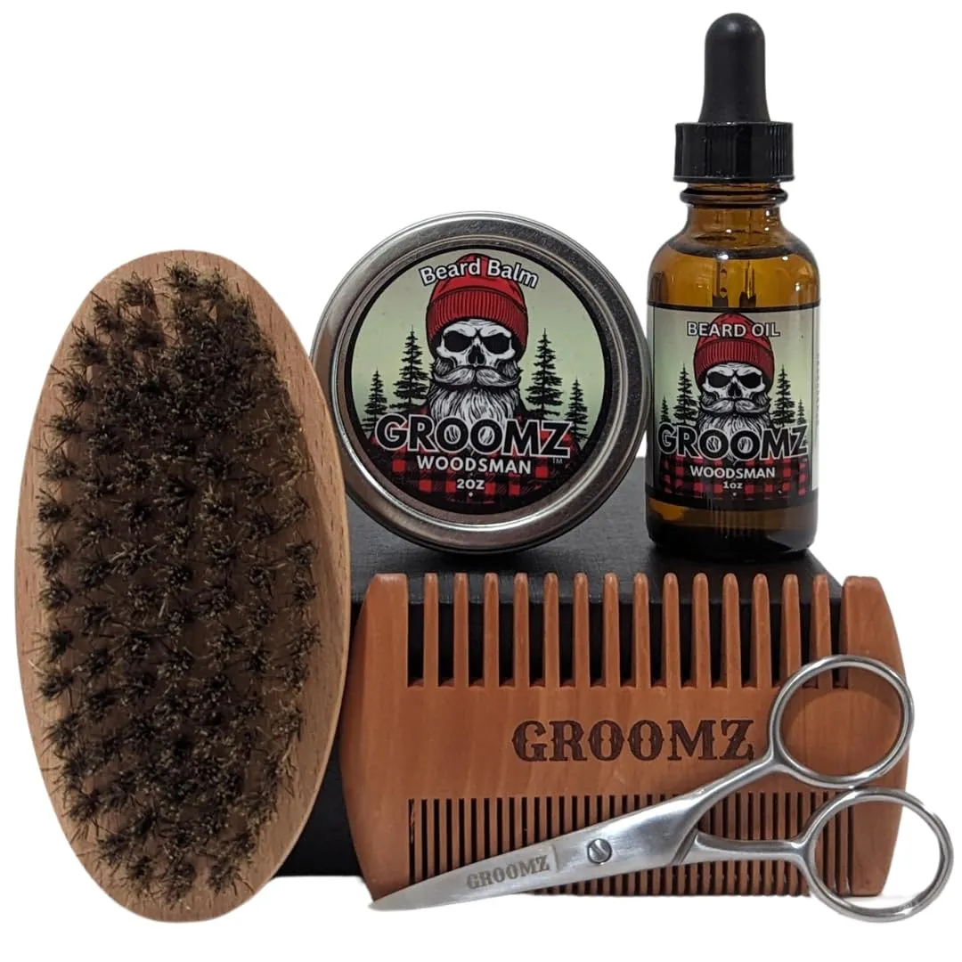 GROOMZ Beard Grooming Kit signature Oil and Balm, Comb, Brush, Scissors (Woodsman)