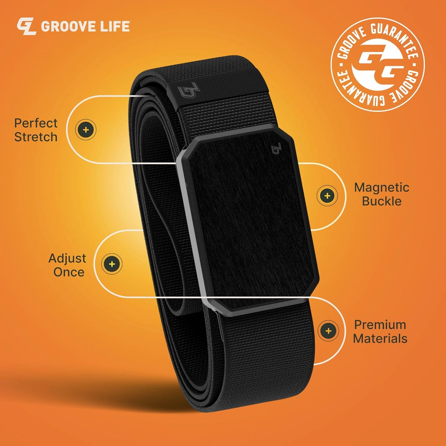 Groove Life Groove Belt Men's Stretch Nylon Belt with Magnetic Aluminum Buckle, Lifetime Coverage