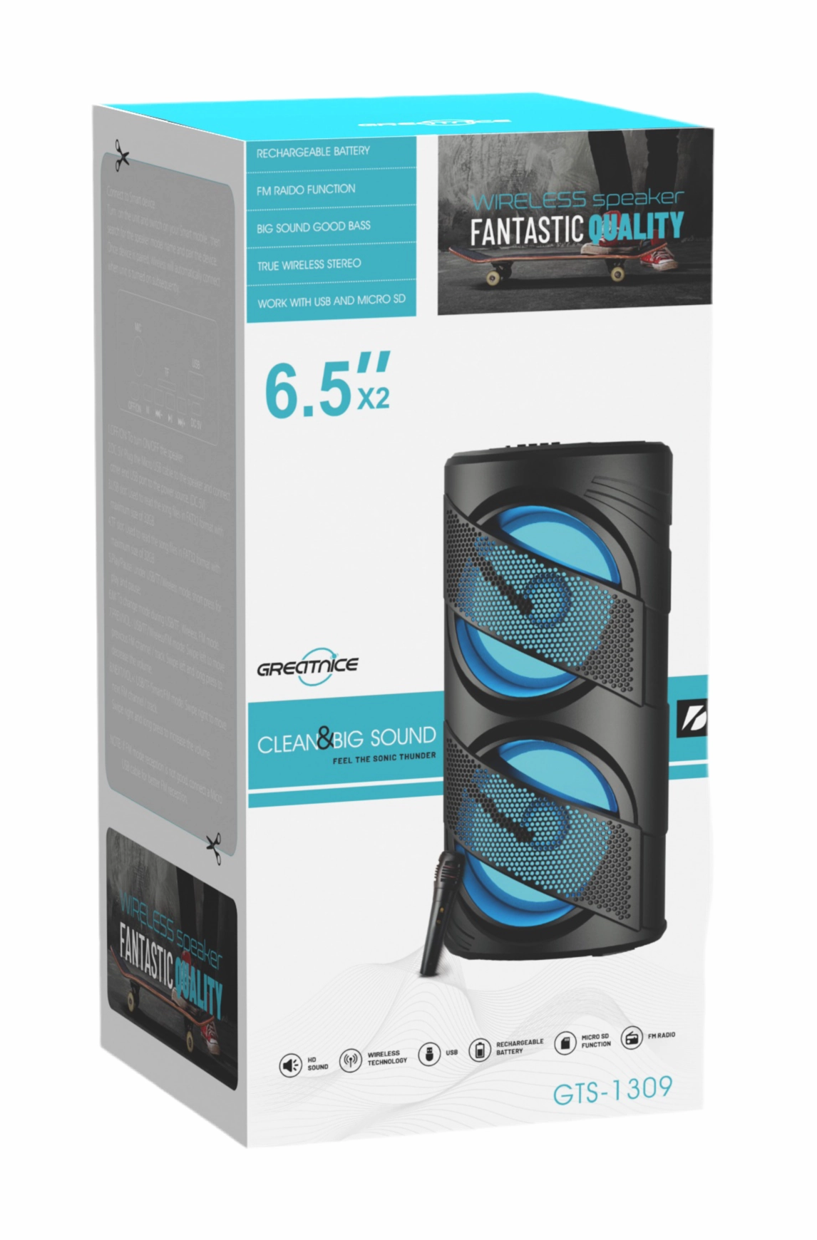 GTS-1309 Portable 6.5'' Bluetooth Speaker with Wired Mic, USB, TF, FM, TWS Support & Dual 15W Drivers (1200mAh Rechargeable Battery)