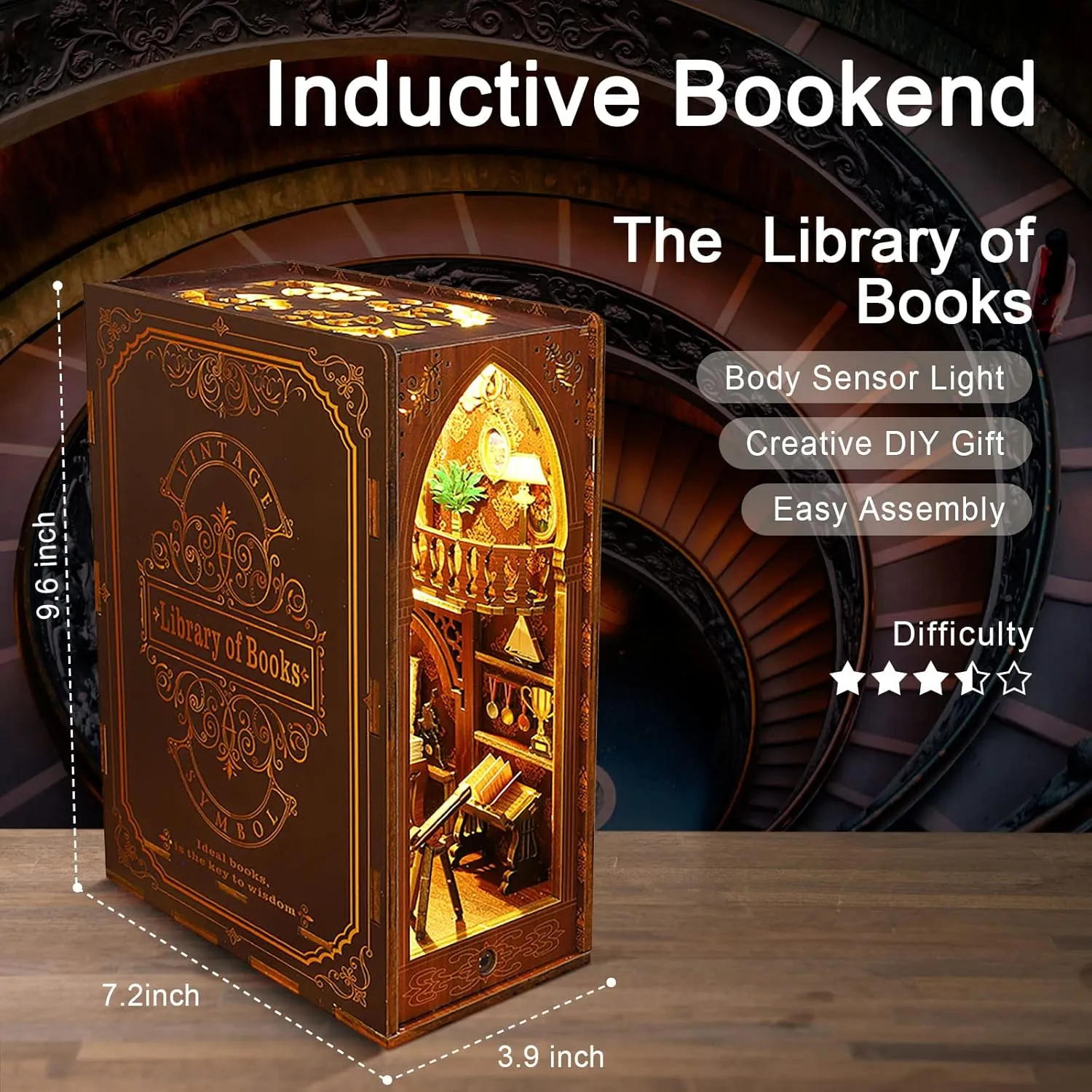 GuDoQi DIY Book Nook Kit, Dollhouse Wood Bookend, Booknook Bookshelf Insert, Miniature Dollhouse Kit, Bookends Model Build for Adult, Gift for Birthday Halloween, Library of Books