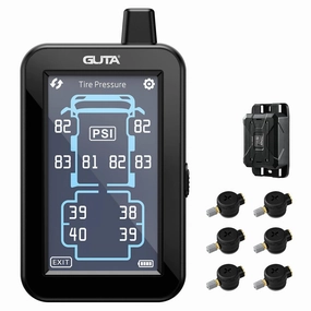 GUTA Tire Pressure Monitoring System, Trailer TPMS with Color Touchscreen Display & 6 Flow Thru Sensor, 6 Alert Modes, Signal Booster, Tire Pressure Monitor for RV, Camper, Semi, 5th Wheel (0-188PSI)