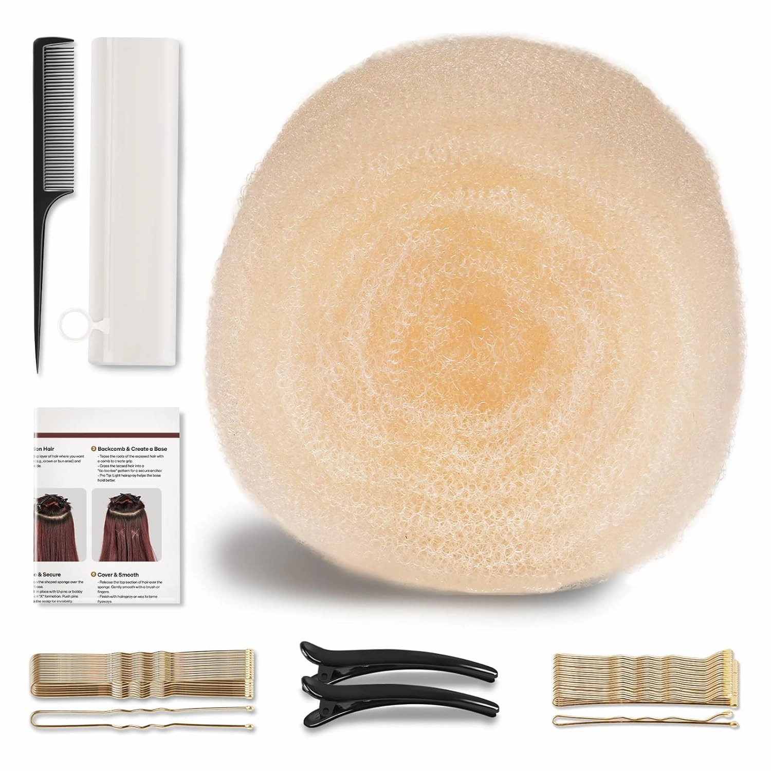 Hair Padding for Updos | Volumizing Hair Donut Bun Maker | Sponge Hair Filler Pads & Undetectable Updo Tool | Includes Bobby Pins, U-Clips, Comb