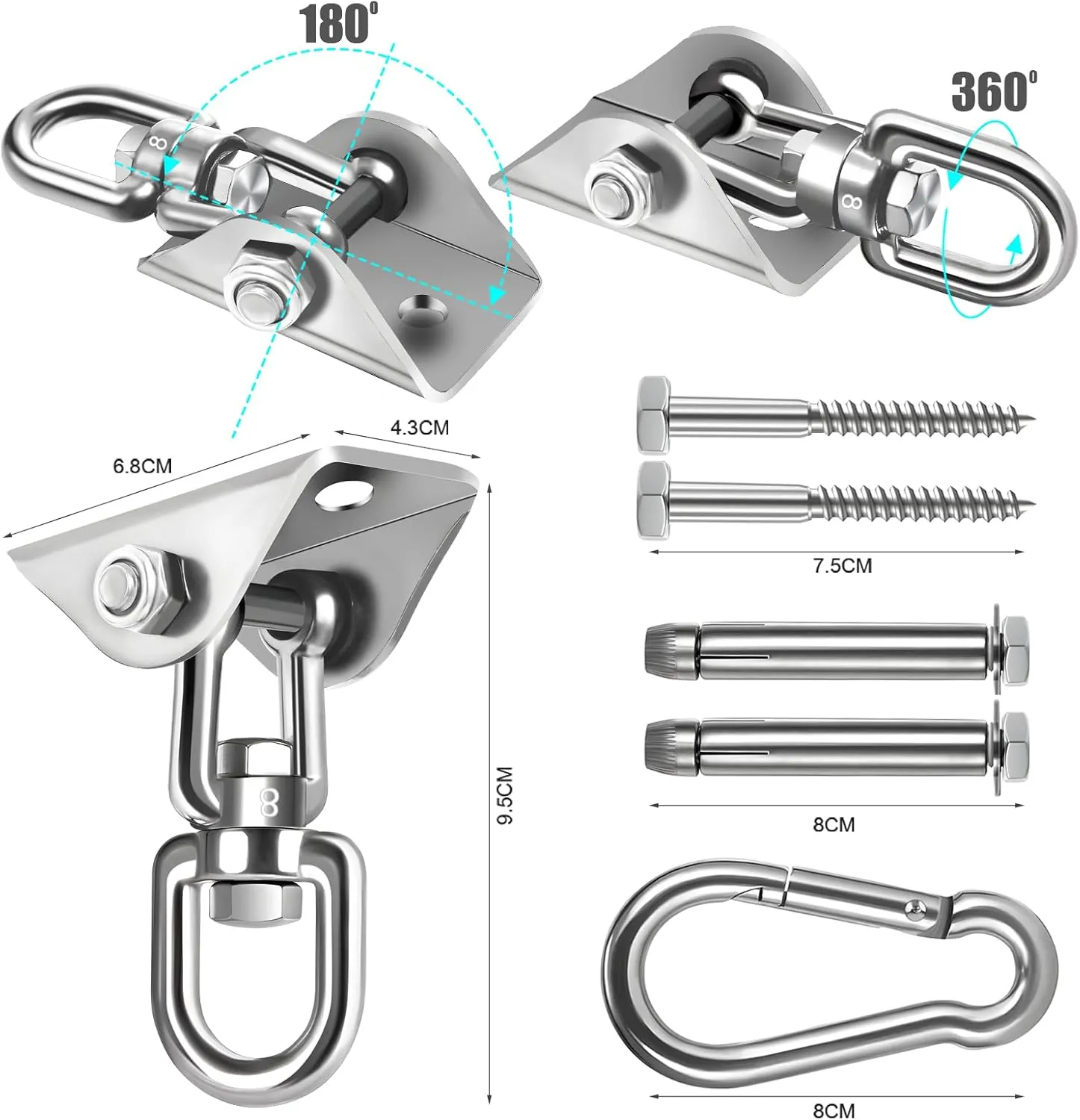 Hammock Hanging kit,360°Rotating 1200 lb Capacity Heavy Duty,Hanger & Swing Hook Snap for Concrete Wood,Hammock,Veranda Seat,Chair,Swing Sets,Yoga and Gym（Without Chain ）