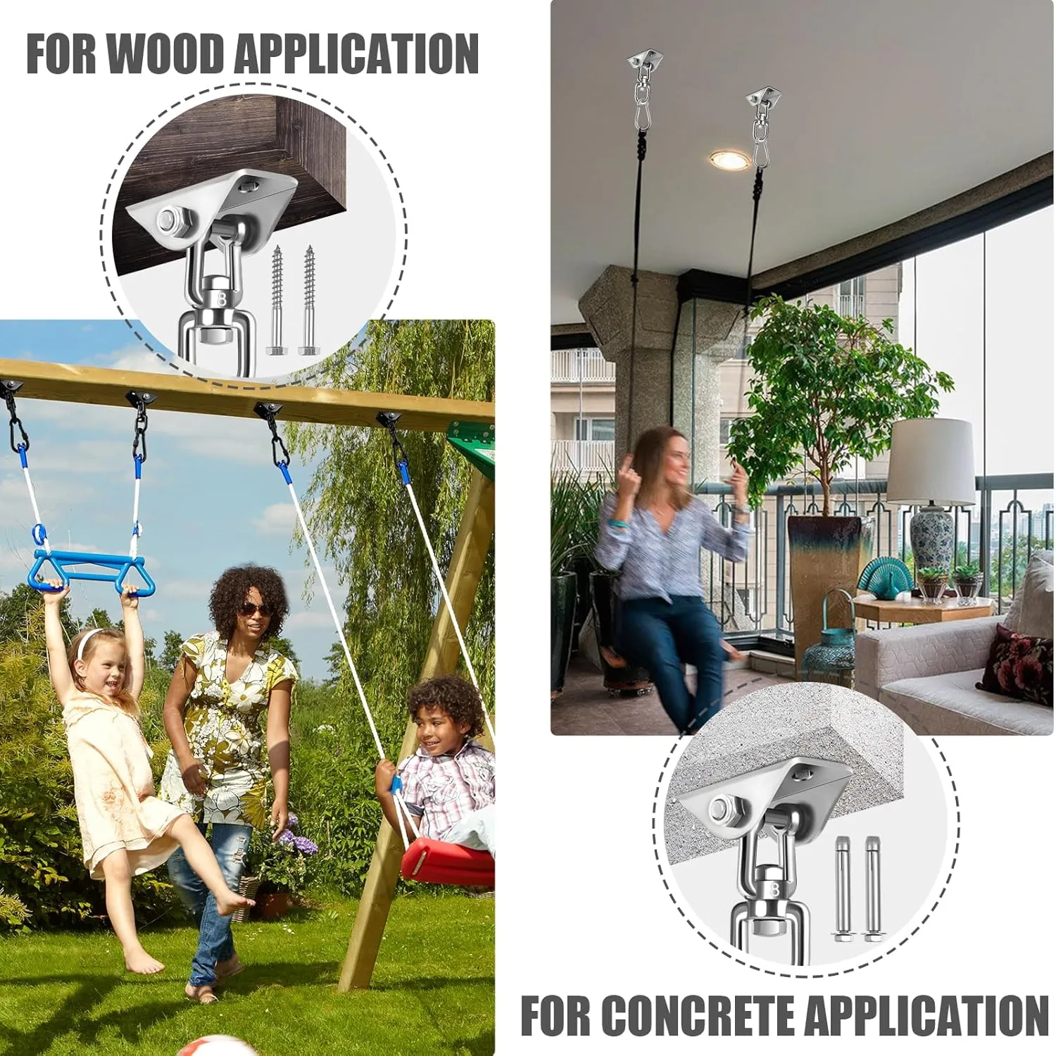 Hammock Hanging kit,360°Rotating 1200 lb Capacity Heavy Duty,Hanger & Swing Hook Snap for Concrete Wood,Hammock,Veranda Seat,Chair,Swing Sets,Yoga and Gym（Without Chain ）