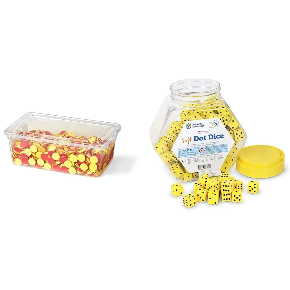 hand2mind Foam Round Two-Color Counters Classroom Bulk Kit, Quiet Math Tokens (Pack of 1000) & Learning Resources Hands-On Soft Dot Dice Bucket, Classroom or Homeschool Supplies, Set of 200, Ages 3 