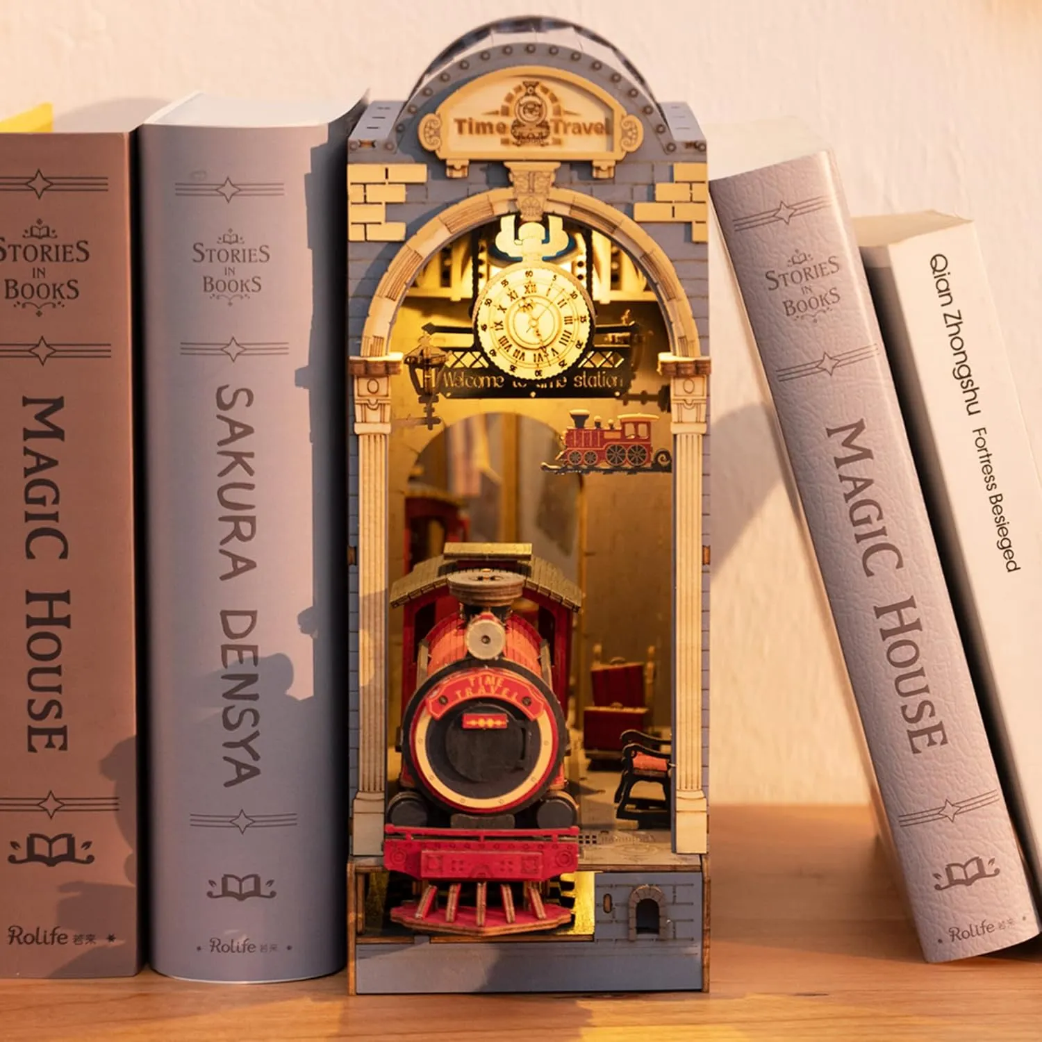 Hands Craft DIY Book Nook Kit – Time Travel Miniature House Dollhouse LED Lights Booknook Bookshelf Insert Laser Cut Wooden Puzzle 3D Bookends Book Stand Decor TGB04