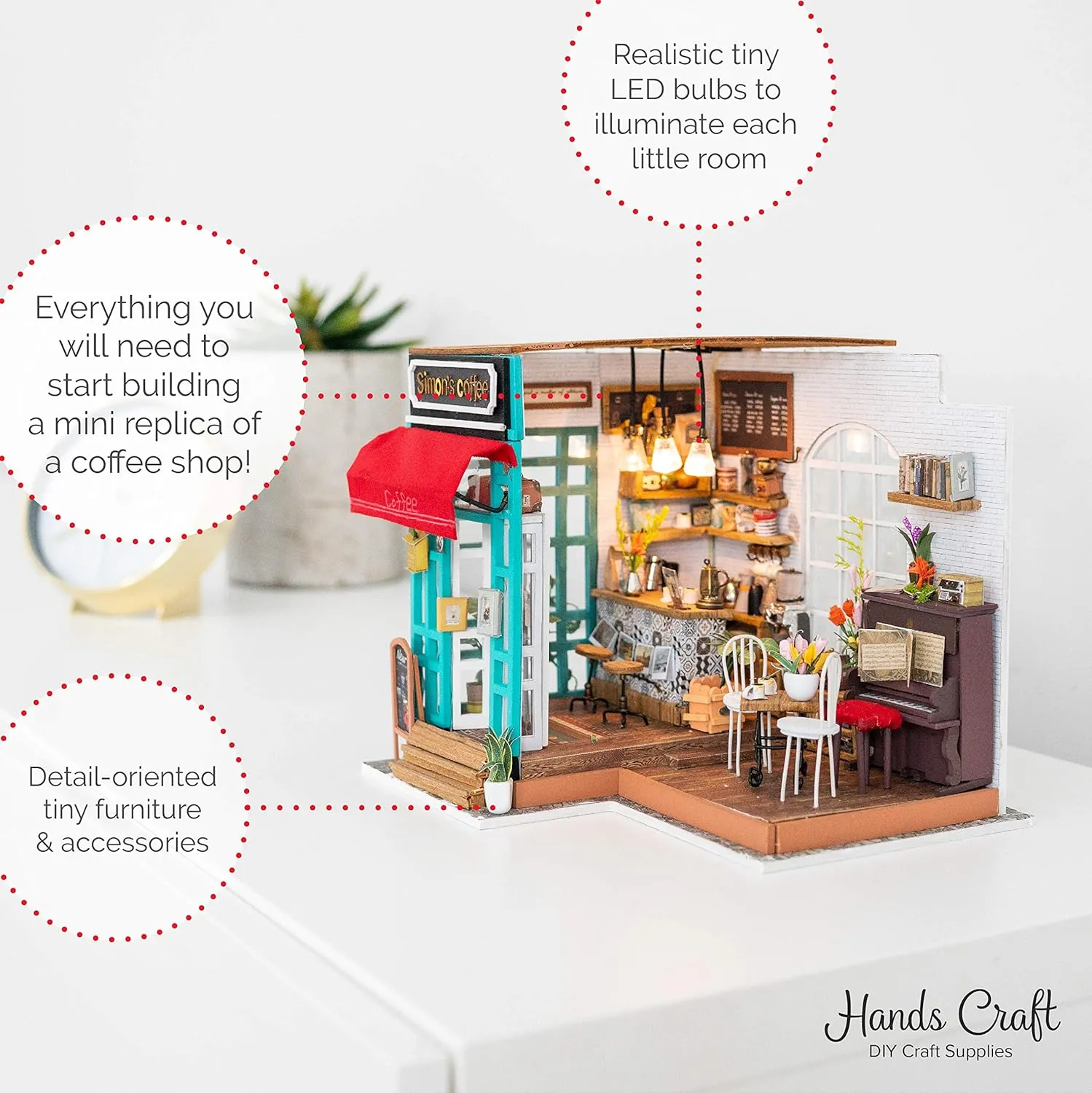 Hands Craft DIY Miniature Dollhouse Kit - Simon's Coffee 3D Model Tiny House Building with LED Lights Wood Prefabricated Pieces Puzzle 1:24 Scale Crafts for Adults and Teens DG109