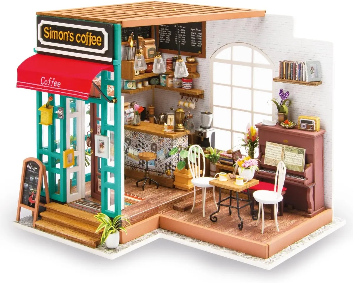 Hands Craft DIY Miniature Dollhouse Kit - Simon's Coffee 3D Model Tiny House Building with LED Lights Wood Prefabricated Pieces Puzzle 1:24 Scale Crafts for Adults and Teens DG109