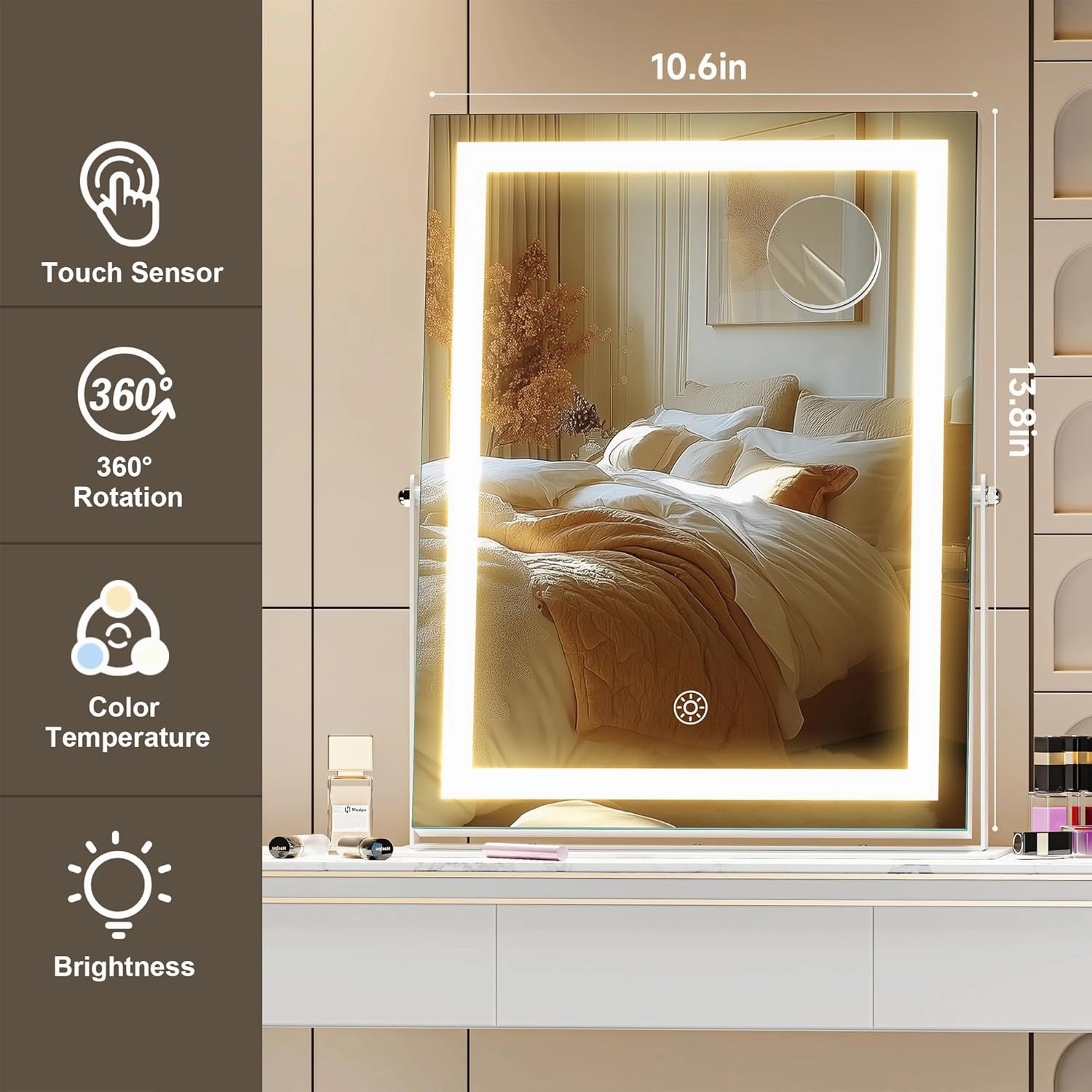 Hasipu Vanity Mirror with Lights, 10.6" x 13.8" LED Makeup Mirror, 3 Color Modes Touch Control and Brightness Adjustment Lighting Mirror, 10X Magnifying Glass, 360° Rotation