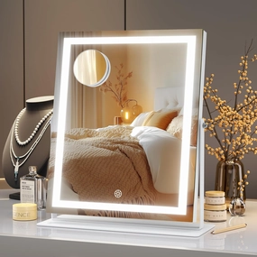 Hasipu Vanity Mirror with Lights, 11.4" x 13.8" LED Makeup Mirror, 3 Color Modes Touch Control and Brightness Adjustment Lighting Mirror, 10X Magnifying Glass, 360° Rotation
