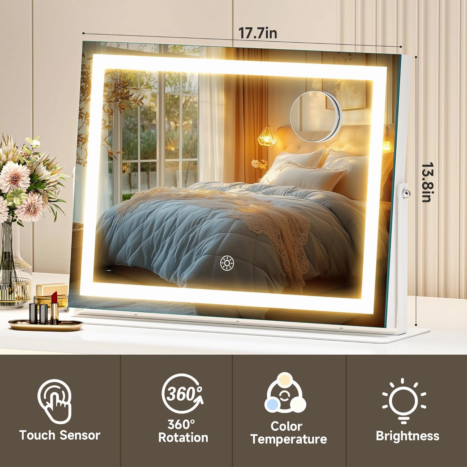 Hasipu Vanity Mirror with Lights, 17.7" x 13.8" LED Makeup Mirror, 3 Color Modes Touch Control and Brightness Adjustment Lighting Mirror, 10X Magnifying Glass, 360° Rotation