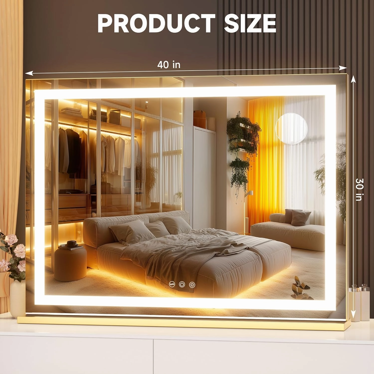 Hasipu Vanity Mirror with Lights, 40" x 30" LED Makeup Mirror, Lighted Makeup Mirror with Dimmable 3 Modes, Touch Screen Control Vanity Mirror Square Gold