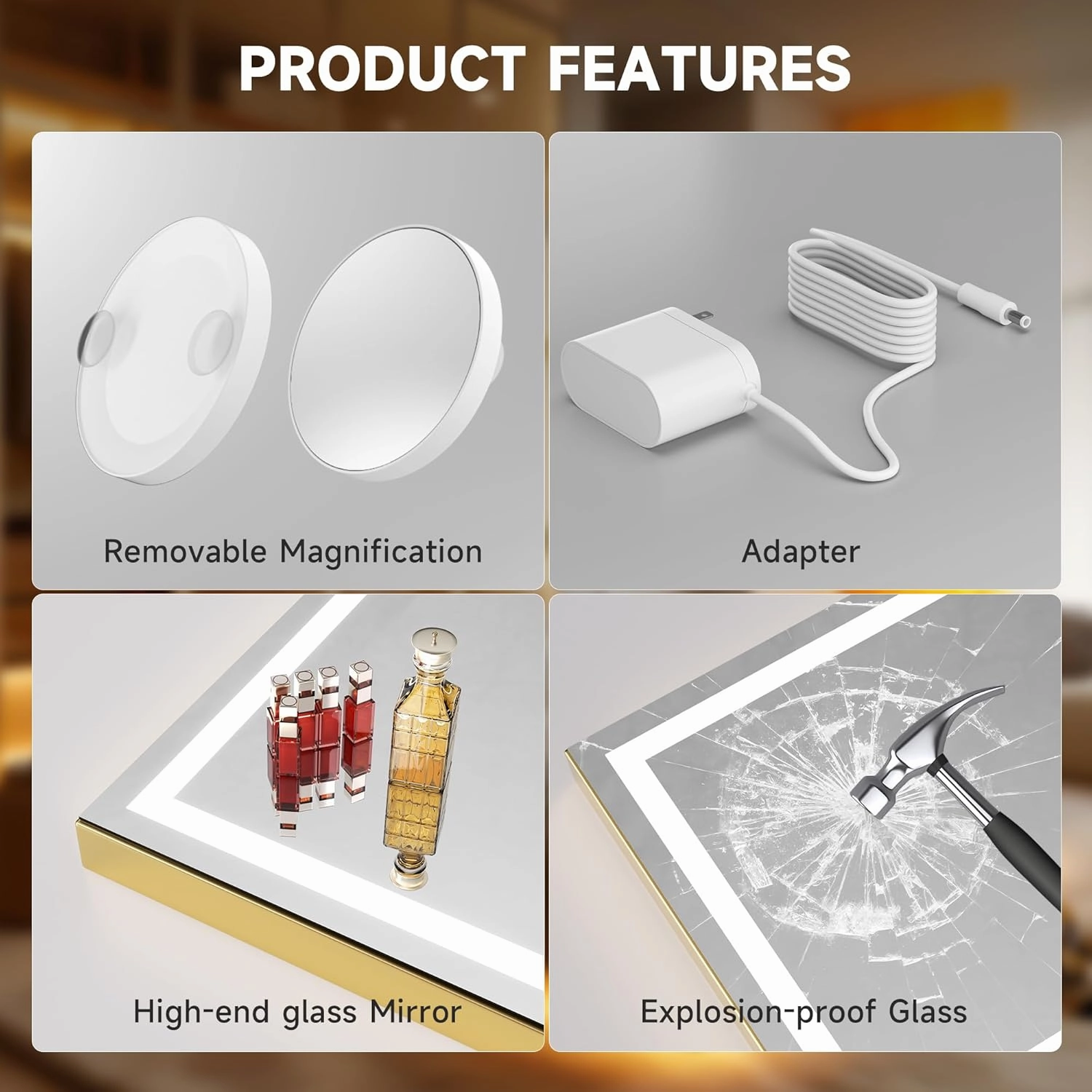 Hasipu Vanity Mirror with Lights, 40" x 30" LED Makeup Mirror, Lighted Makeup Mirror with Dimmable 3 Modes, Touch Screen Control Vanity Mirror Square Gold