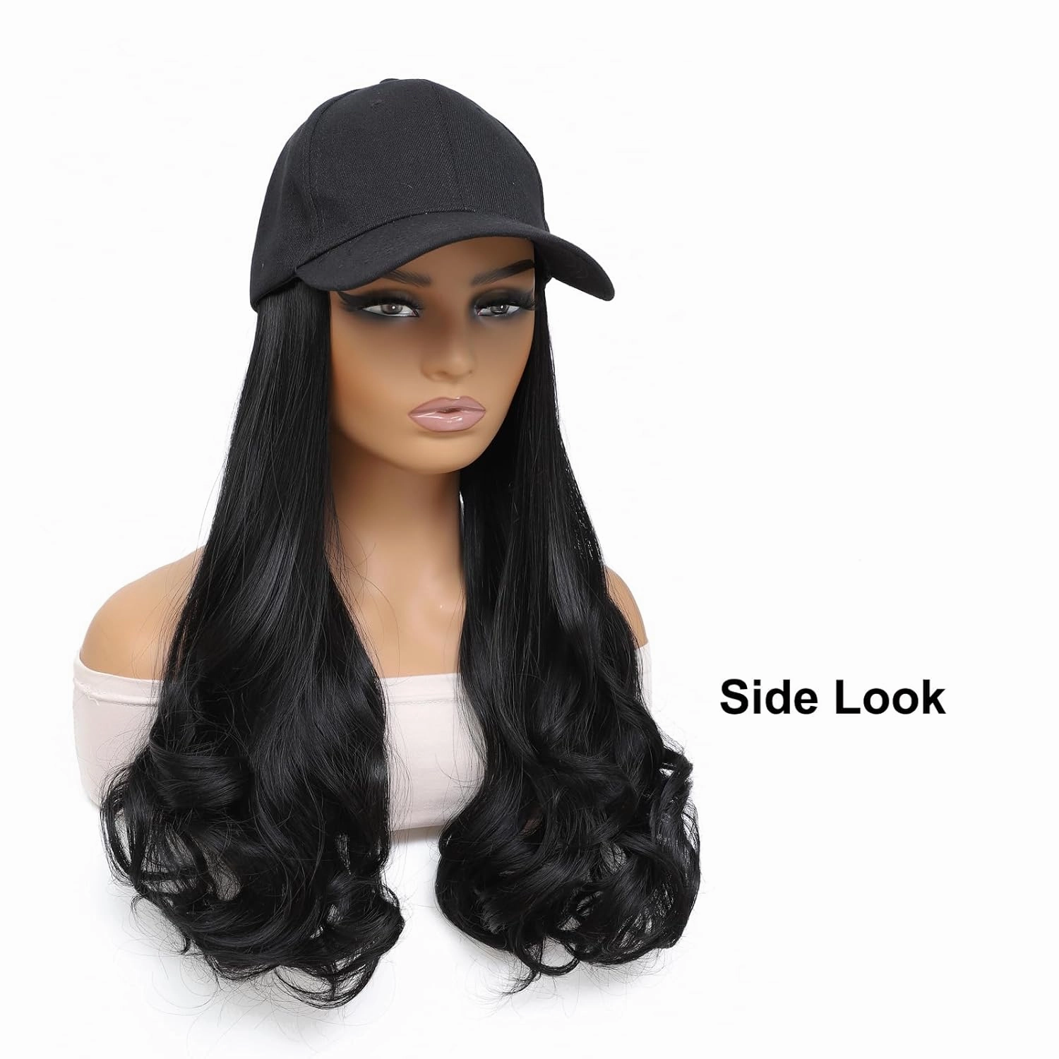 Hat Wig Baseball Cap With Long Wavy Ends Straight Hair Extensions Attached Heat Resistant Synthetic Fiber Hair Replacement Wigs in Hat for Woman Girls (Black, 18inch)