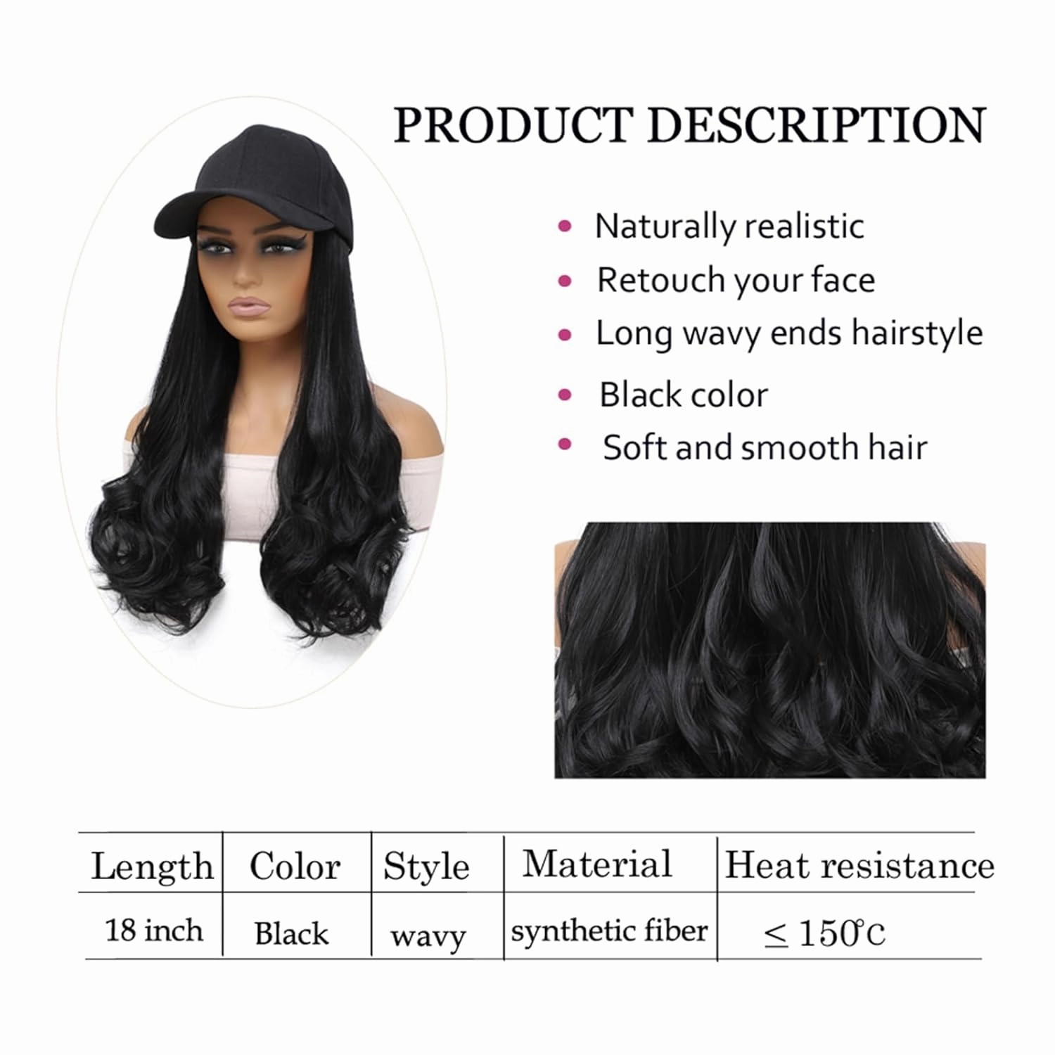 Hat Wig Baseball Cap With Long Wavy Ends Straight Hair Extensions Attached Heat Resistant Synthetic Fiber Hair Replacement Wigs in Hat for Woman Girls (Black, 18inch)