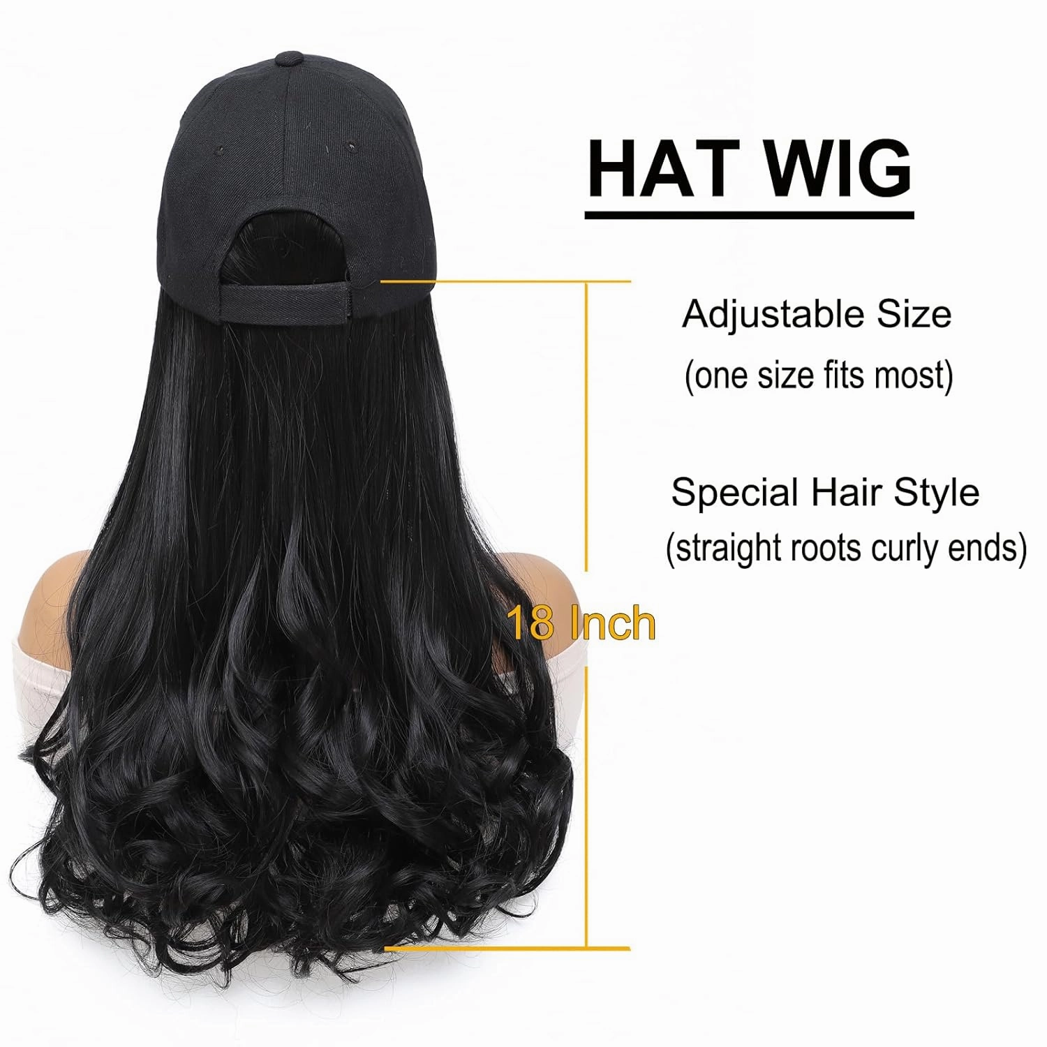 Hat Wig Baseball Cap With Long Wavy Ends Straight Hair Extensions Attached Heat Resistant Synthetic Fiber Hair Replacement Wigs in Hat for Woman Girls (Black, 18inch)